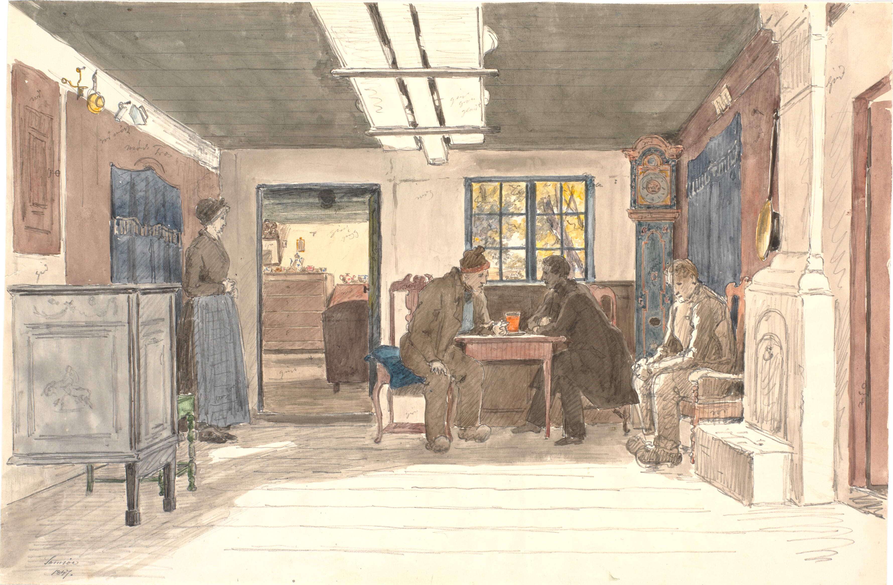 En bondestue på Samsø med en kone og tre mænd