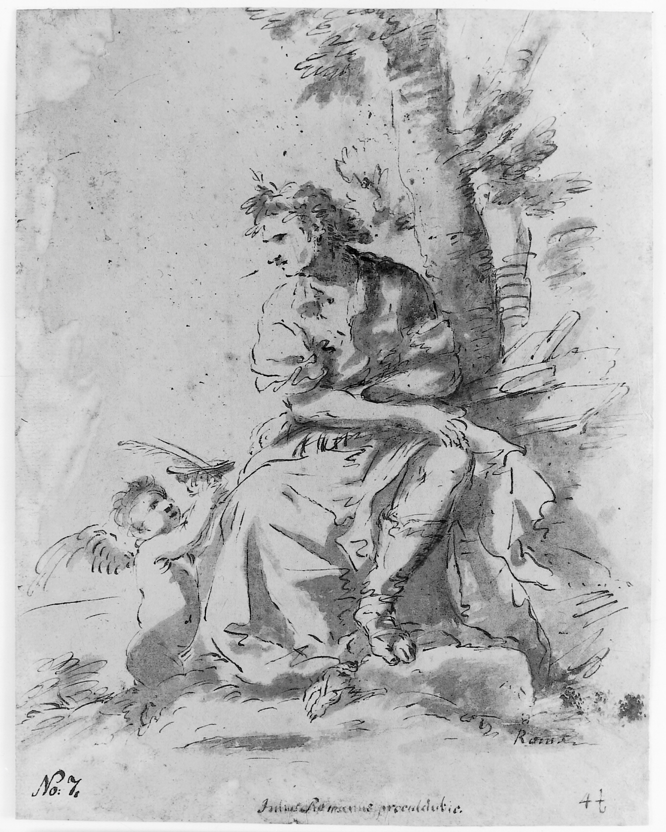 En digter (?) med laurbærkrans siddende under et træ og en putto som rækker ham fjerpen og blæk