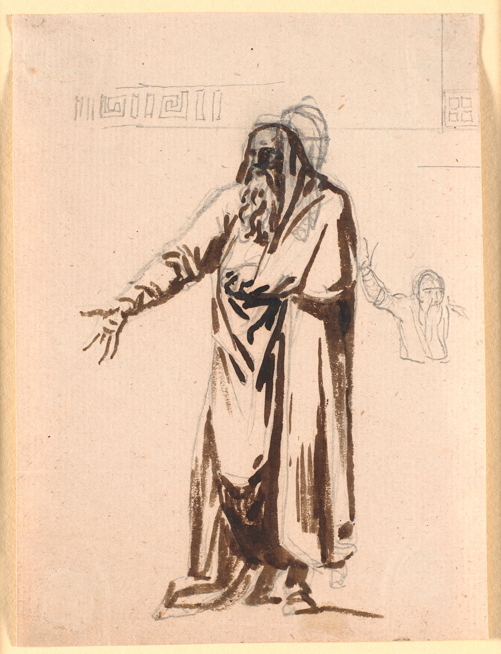 En græsk olding stående med udrakt højre hånd