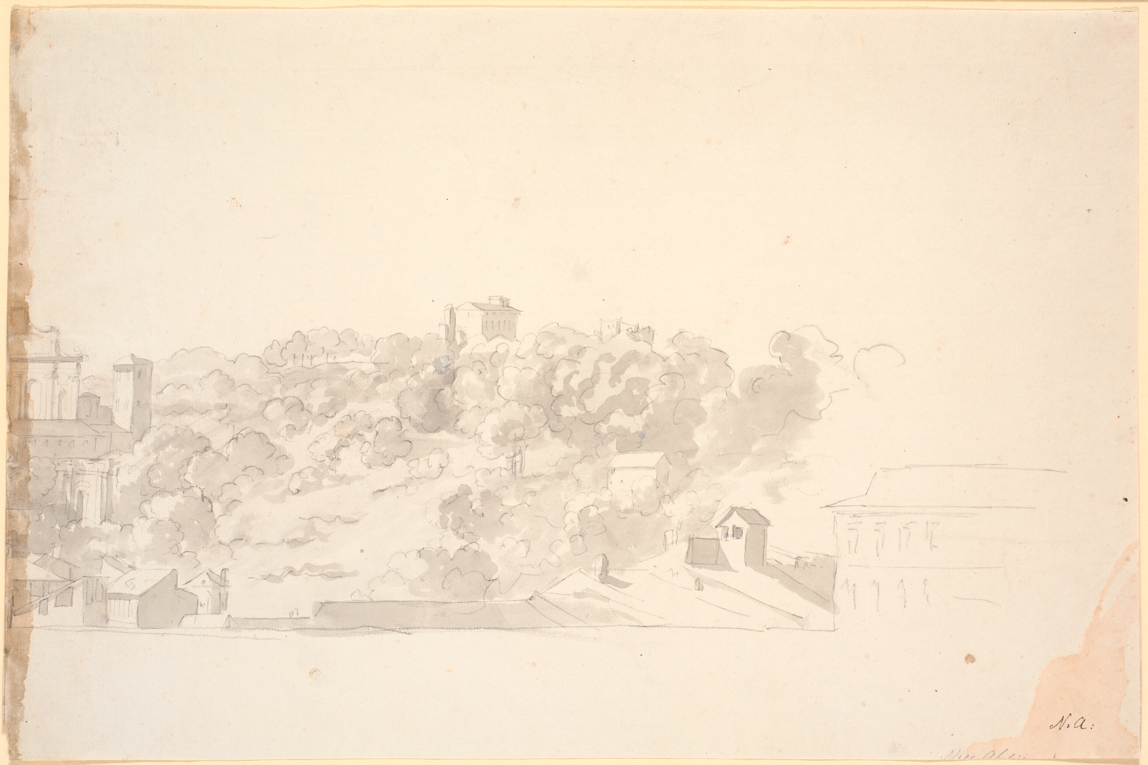 Udsigt over en høj med haver og enkelte bygninger, udført på grundlag af romerske motiver?