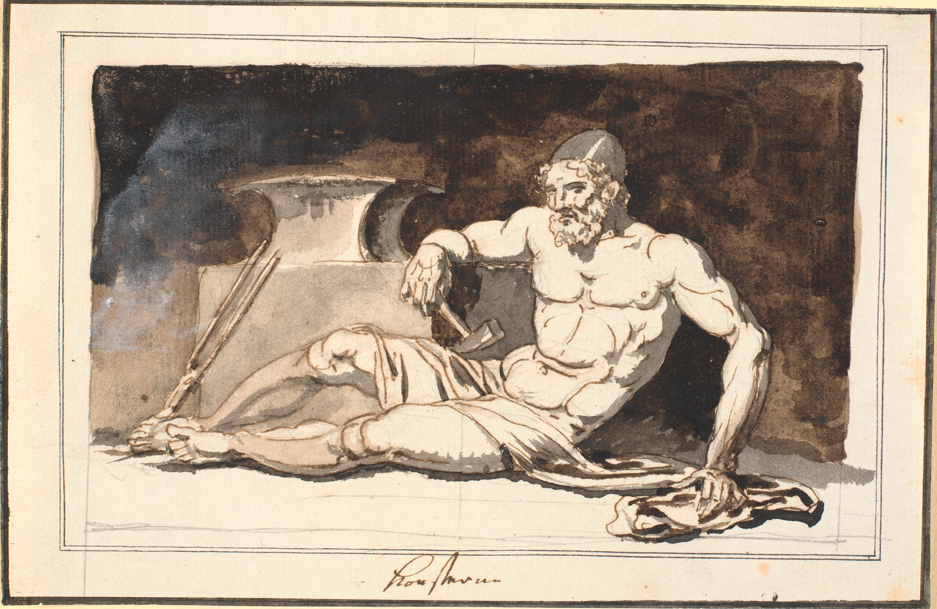 En liggende Vulkan, ved ambolten. Allegori på kunsterne