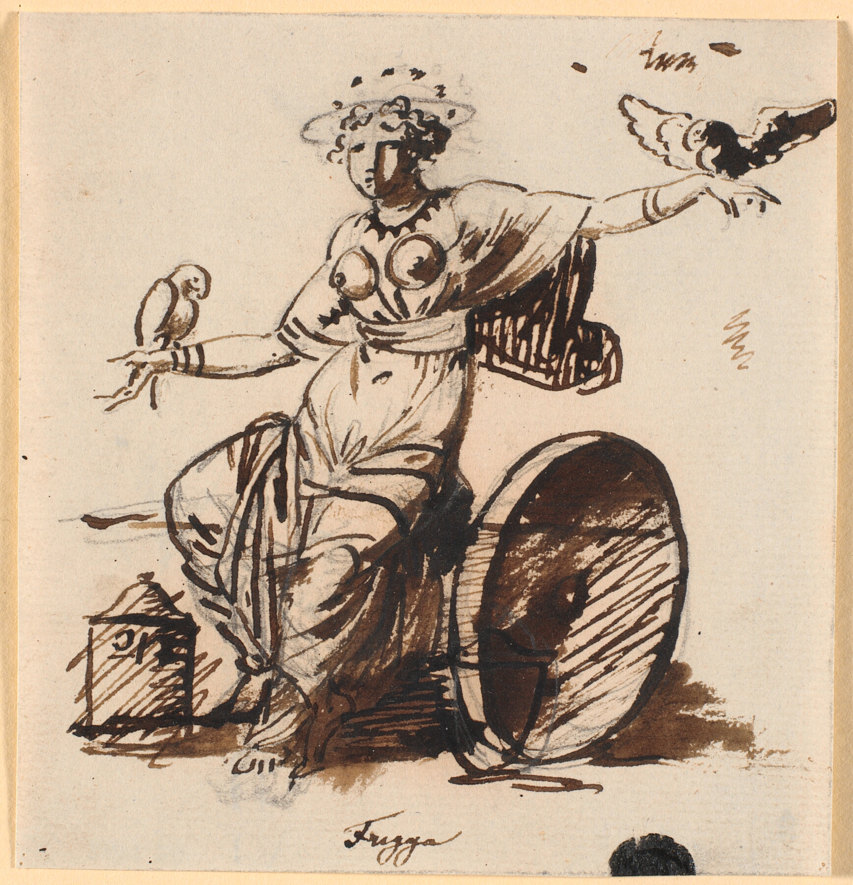 Frigga, siddende, med en høg på hver af sine hænder