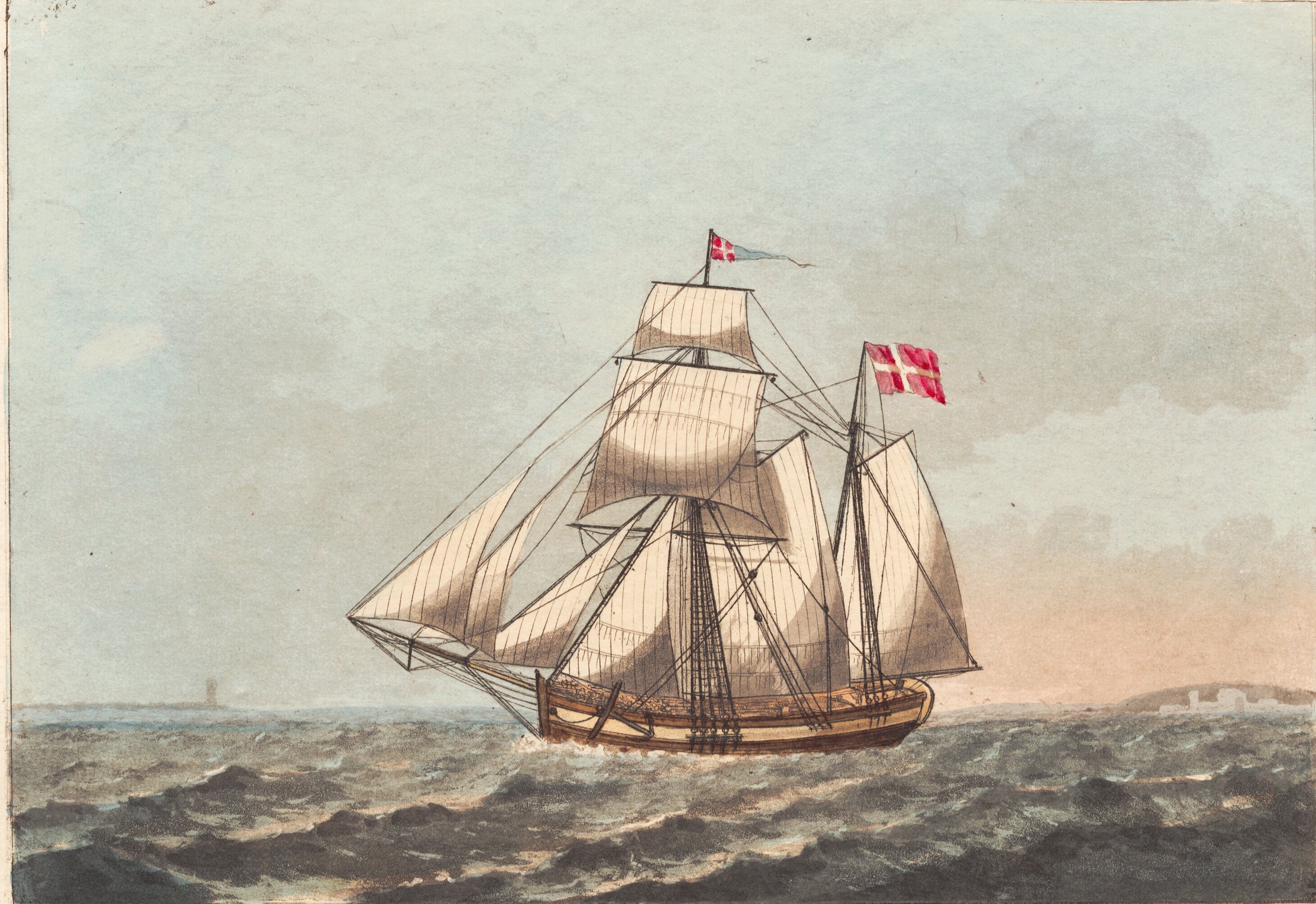 En dansk galease, at see i læ, med sidevind