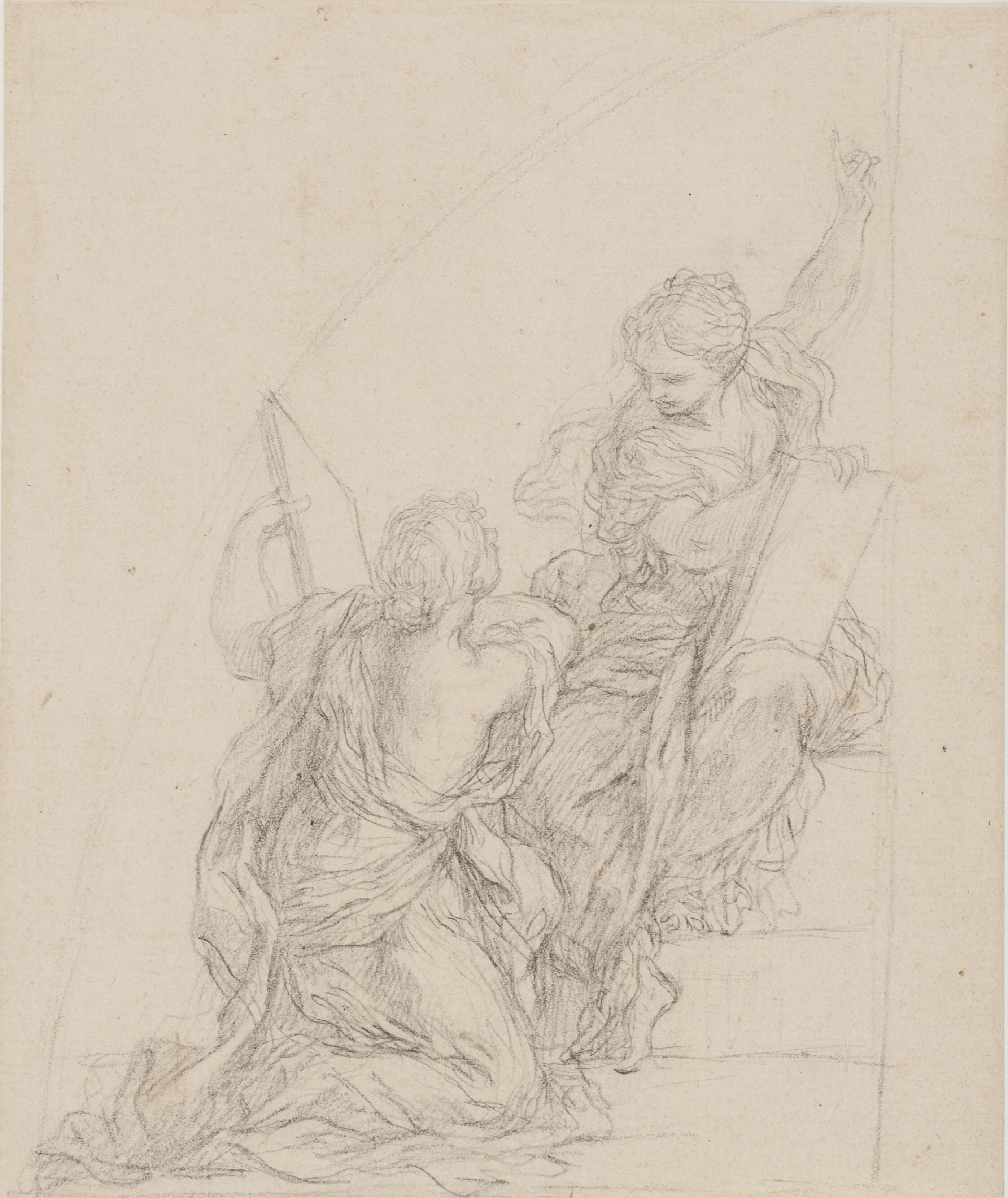 To gestikulerende sibyller med folier i hænderne. Venstre del af en lunettekomposition