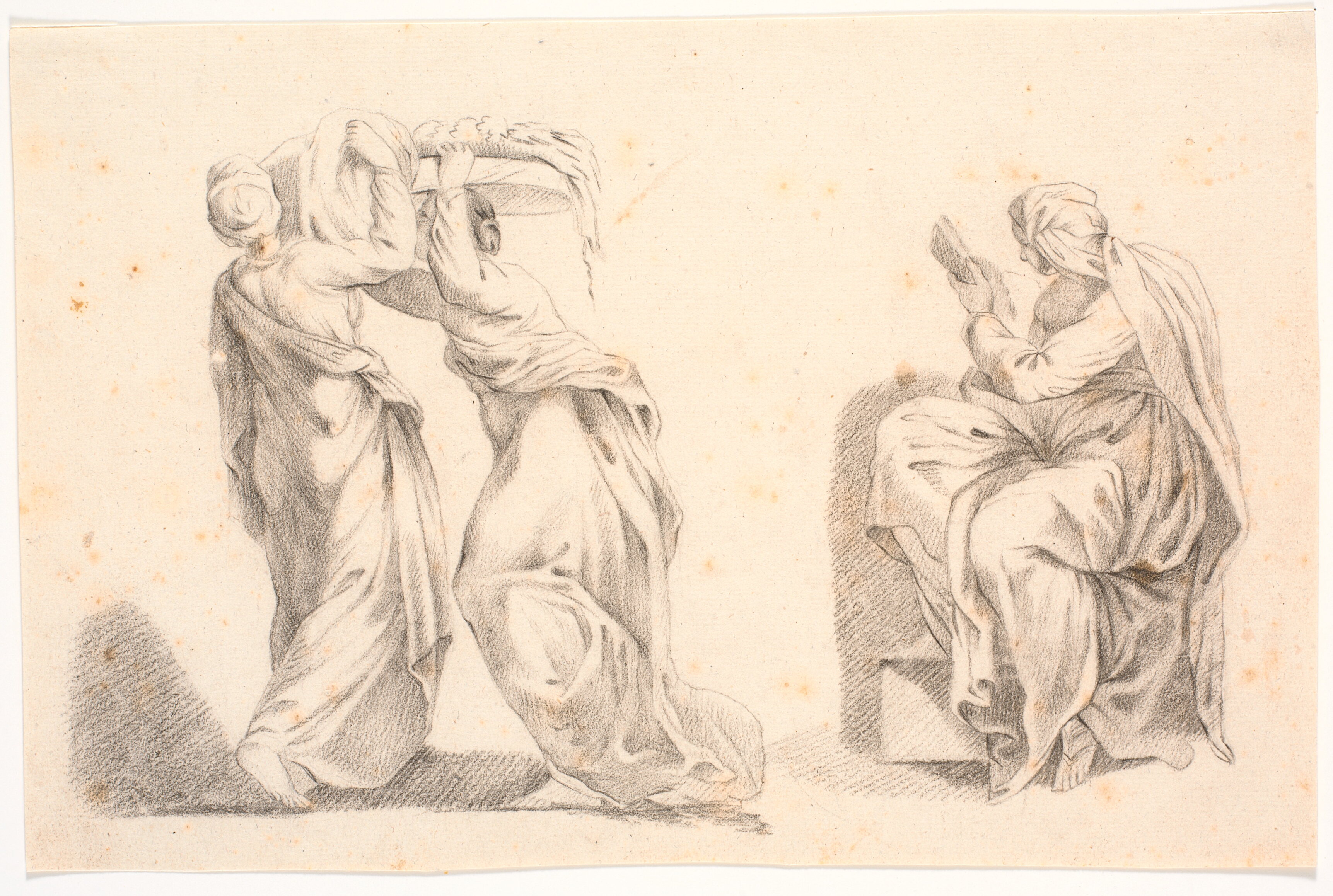 To kvinder i klassiske gevandter bærende en kurv samt en sibylle efter Michelangelo