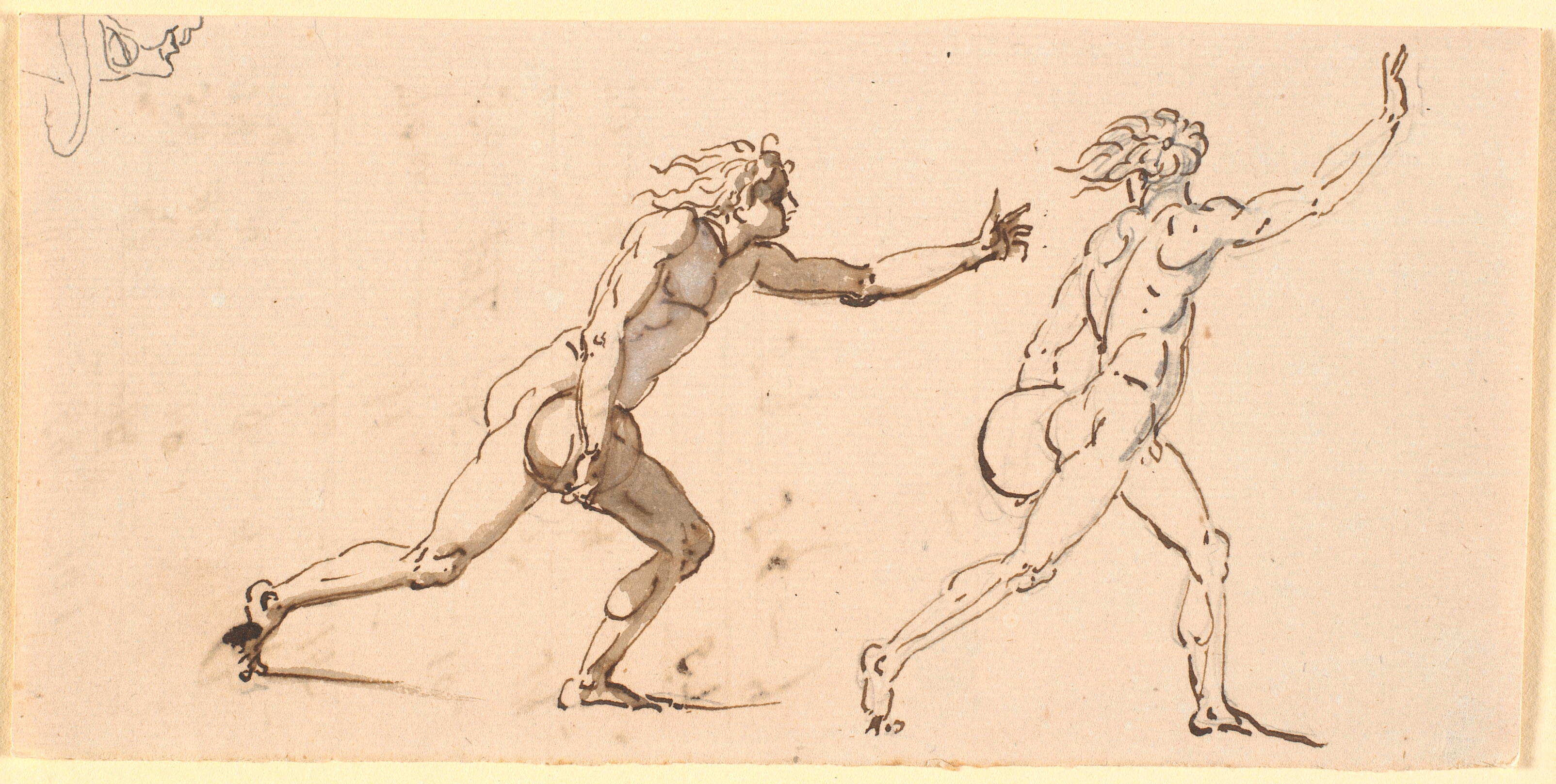 To nøgne mænd, løbende mod højre, hver med en stor sten i den ene hånd, samt en skitse af ansigt i profil