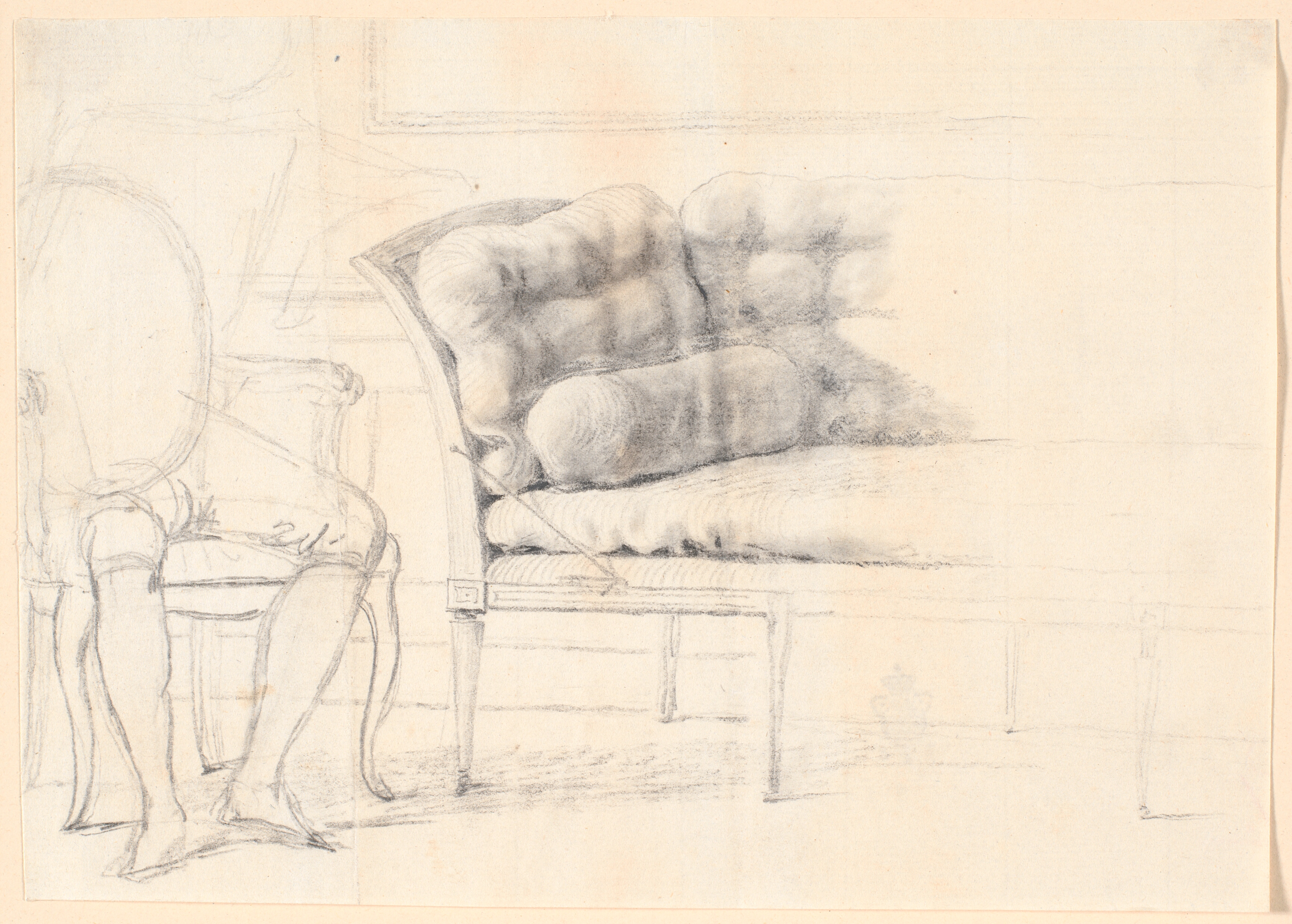 Studie til det Holmskioldske familiebillede fra 1787: den polstrede sofa, og til venstre en stol med Holmskiolds figur skitseret