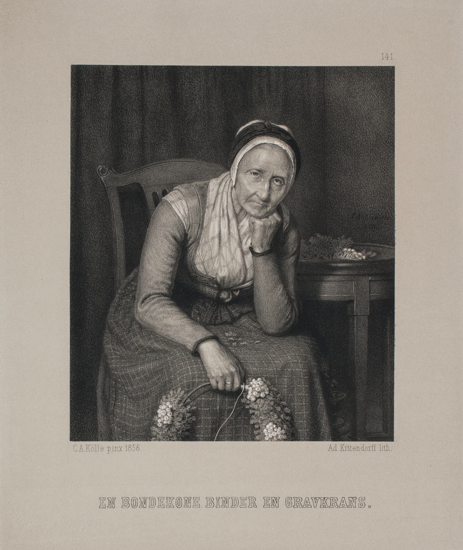 En bondekone binder en gravkrans