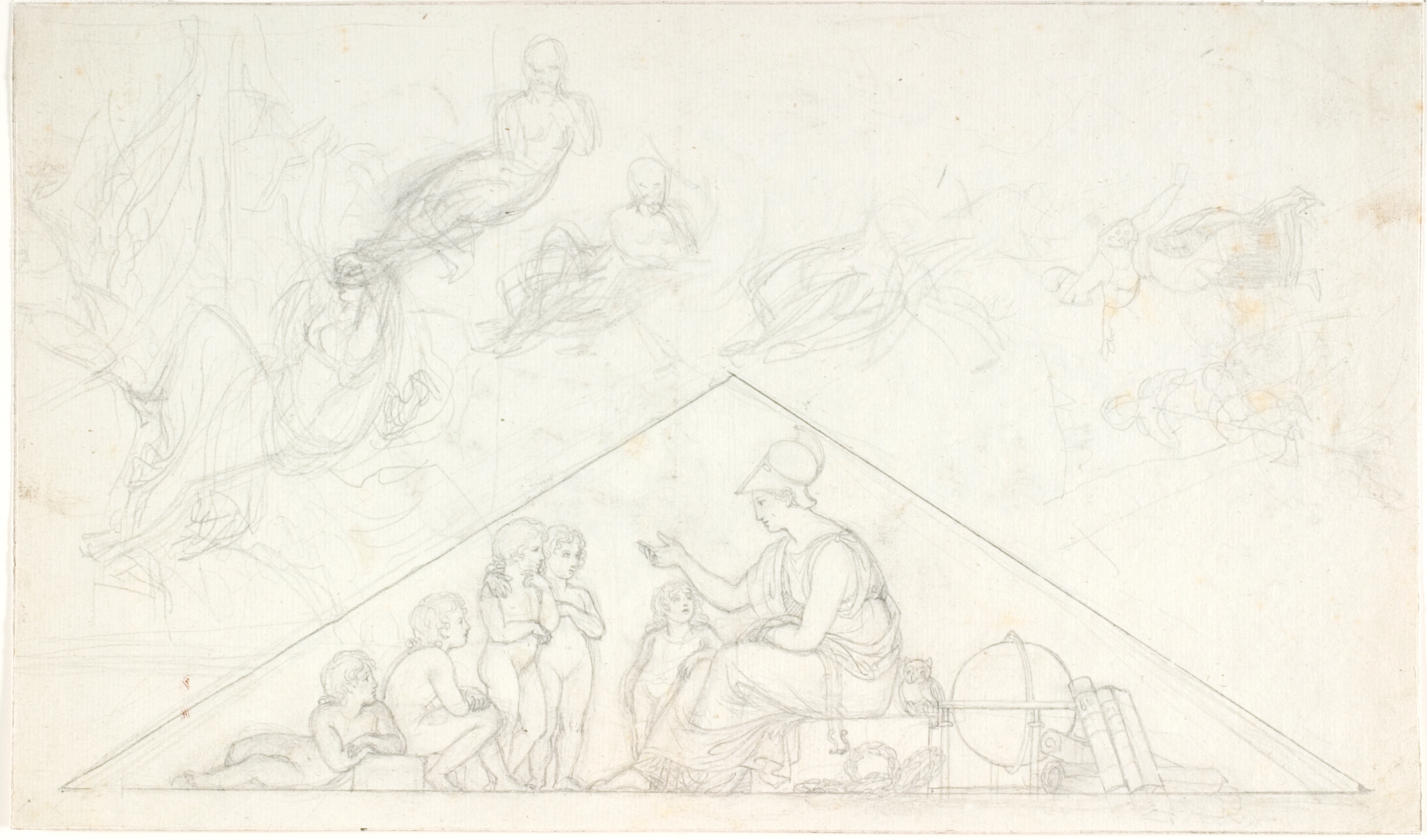 Gavlfelt. Athene underviser nogle børn. Forskellige udkast til liggende figurer