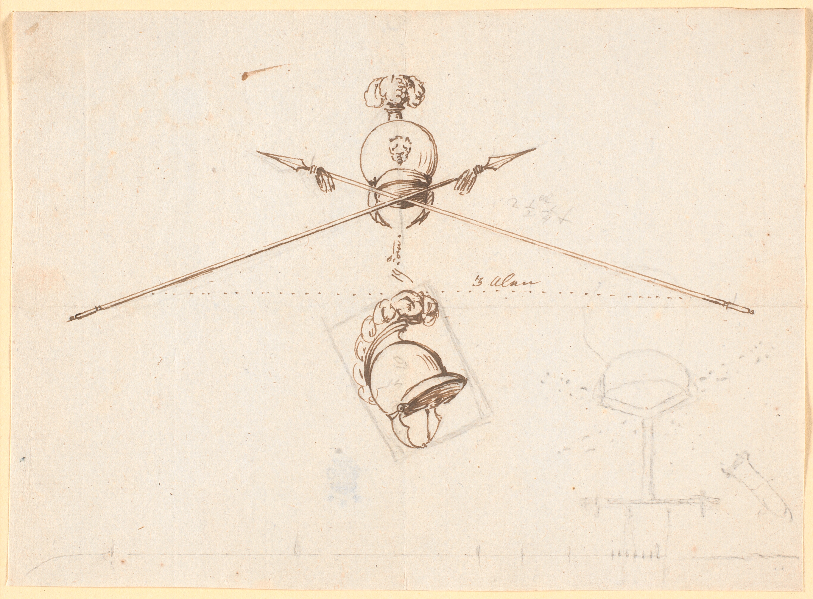 Dekorativt udkast. En hjelm og to korslagte spyd m.m.