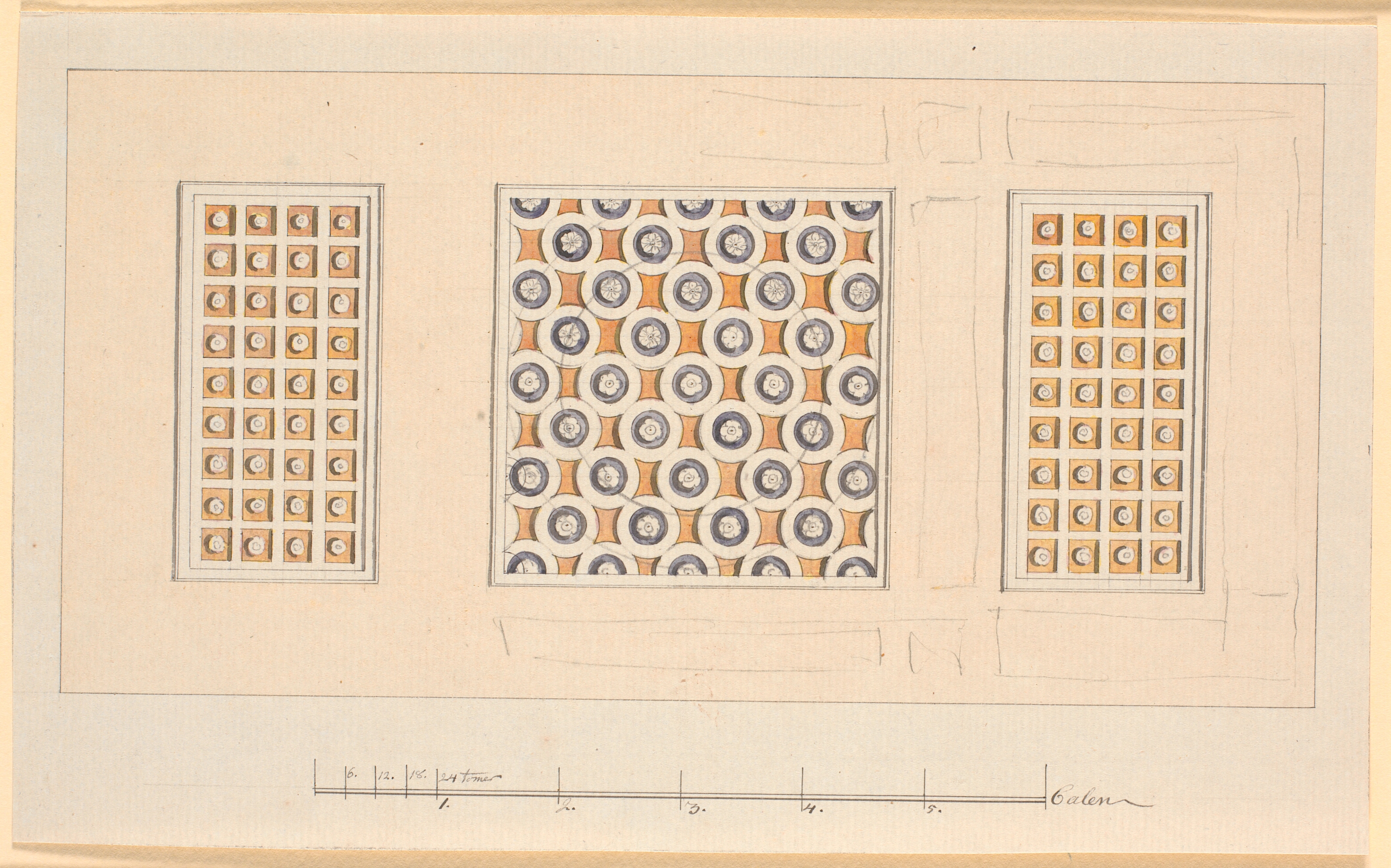 Udkast til et tredelt loft med kassetter i gult og violet