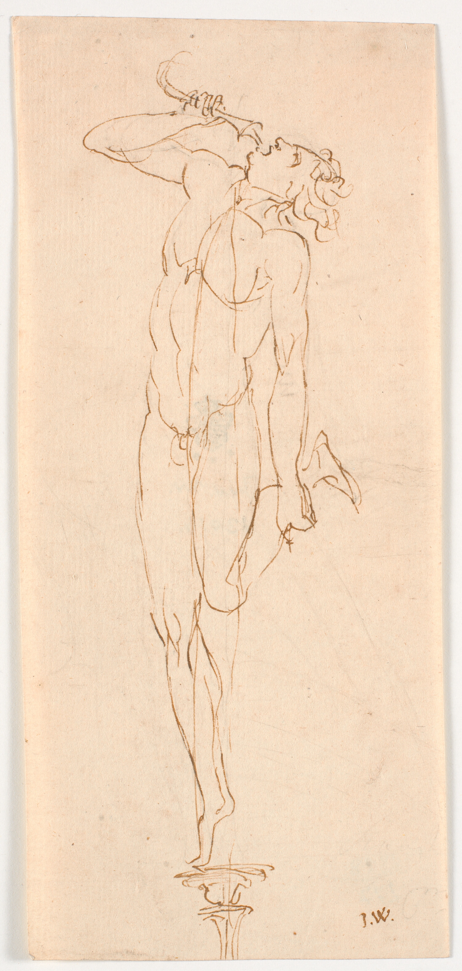 Nøgen mandsfigur med drikkehorn, stående med det ene ben på søjle el. lign.