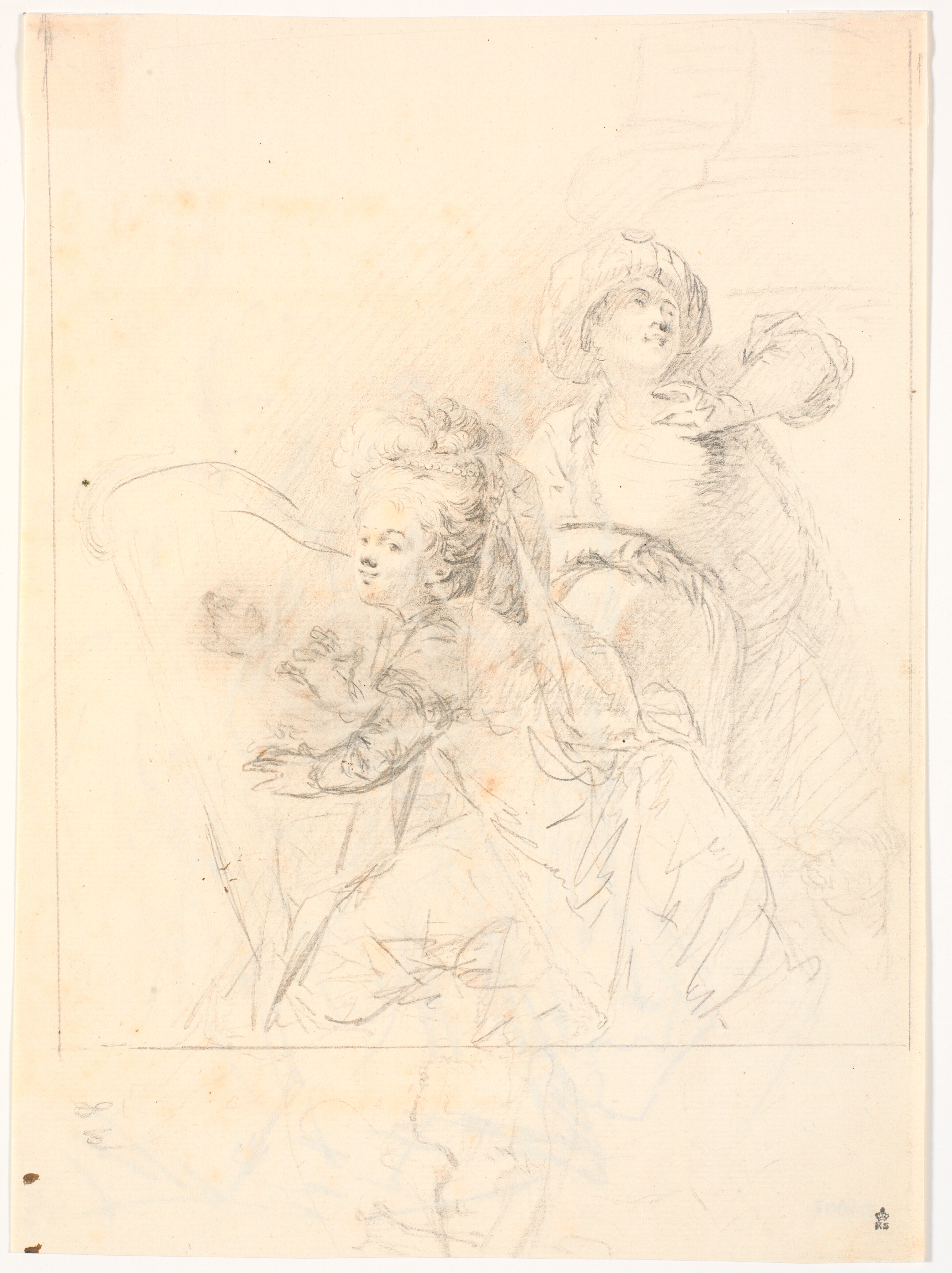 Harpespillende dame. Bag hende en turbanklædt mand