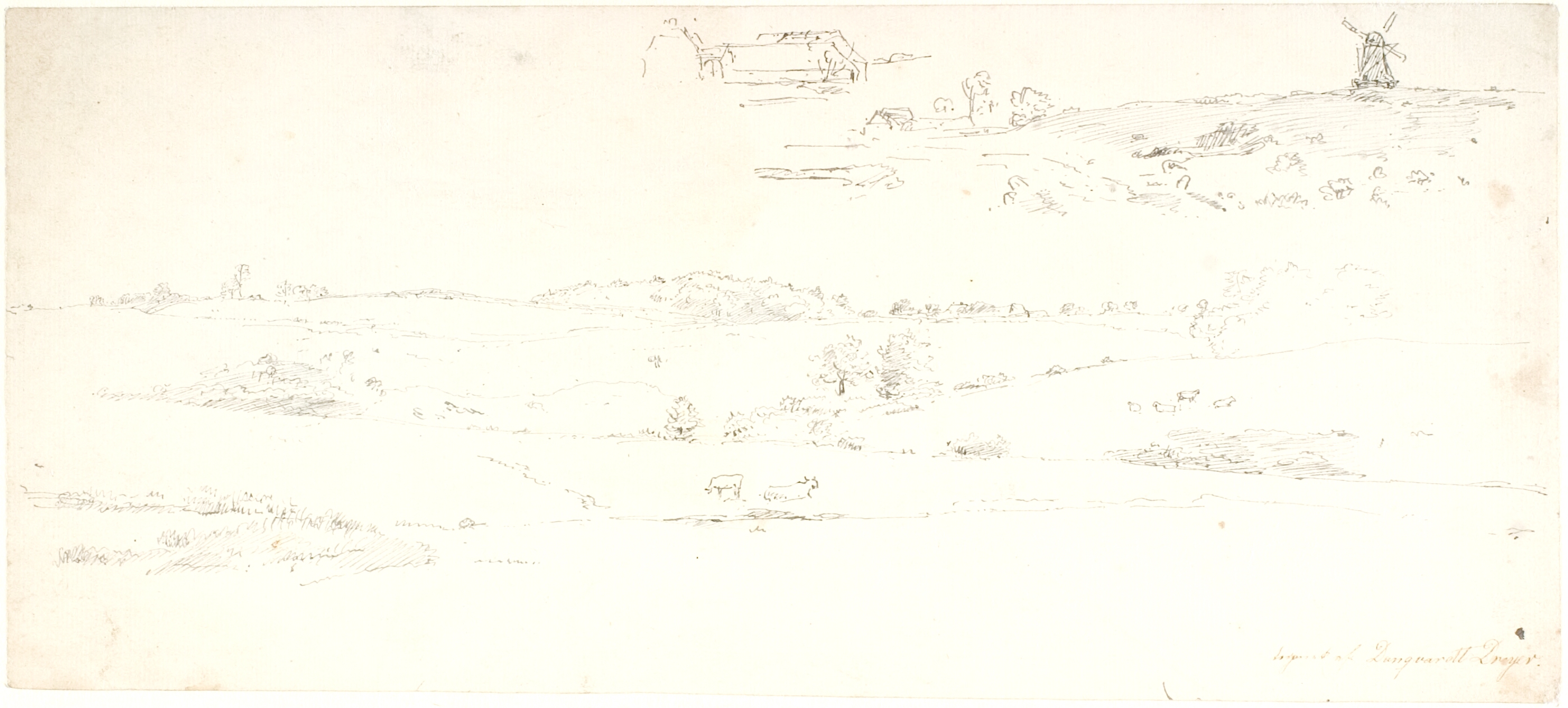 Udsigt over et bakket landskab. F.o.: Udkast til et landskab med en mølle