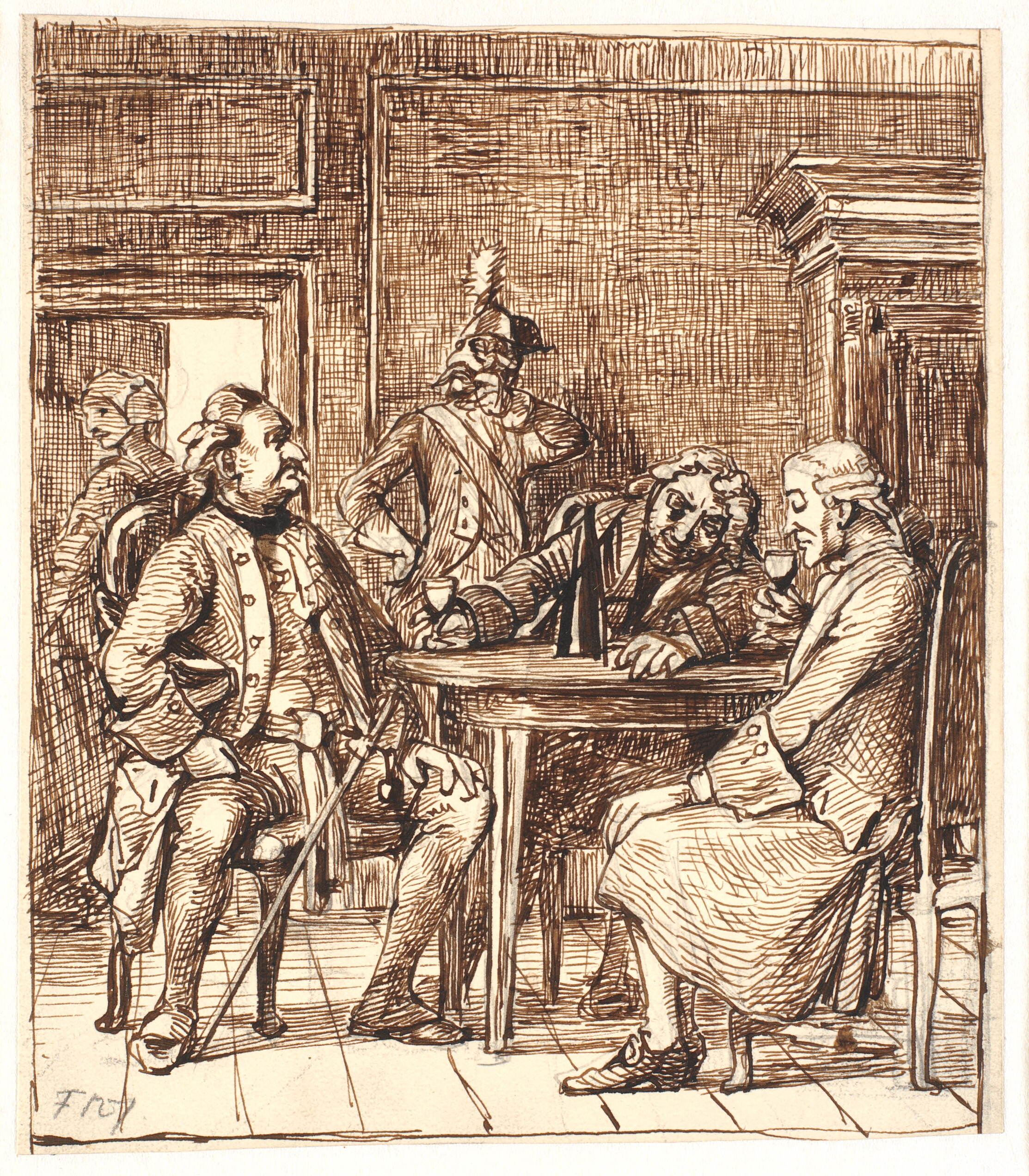 Scene af Barselsstuen. Corfitz drikker rhinskvin med officeren og Jens Olsen