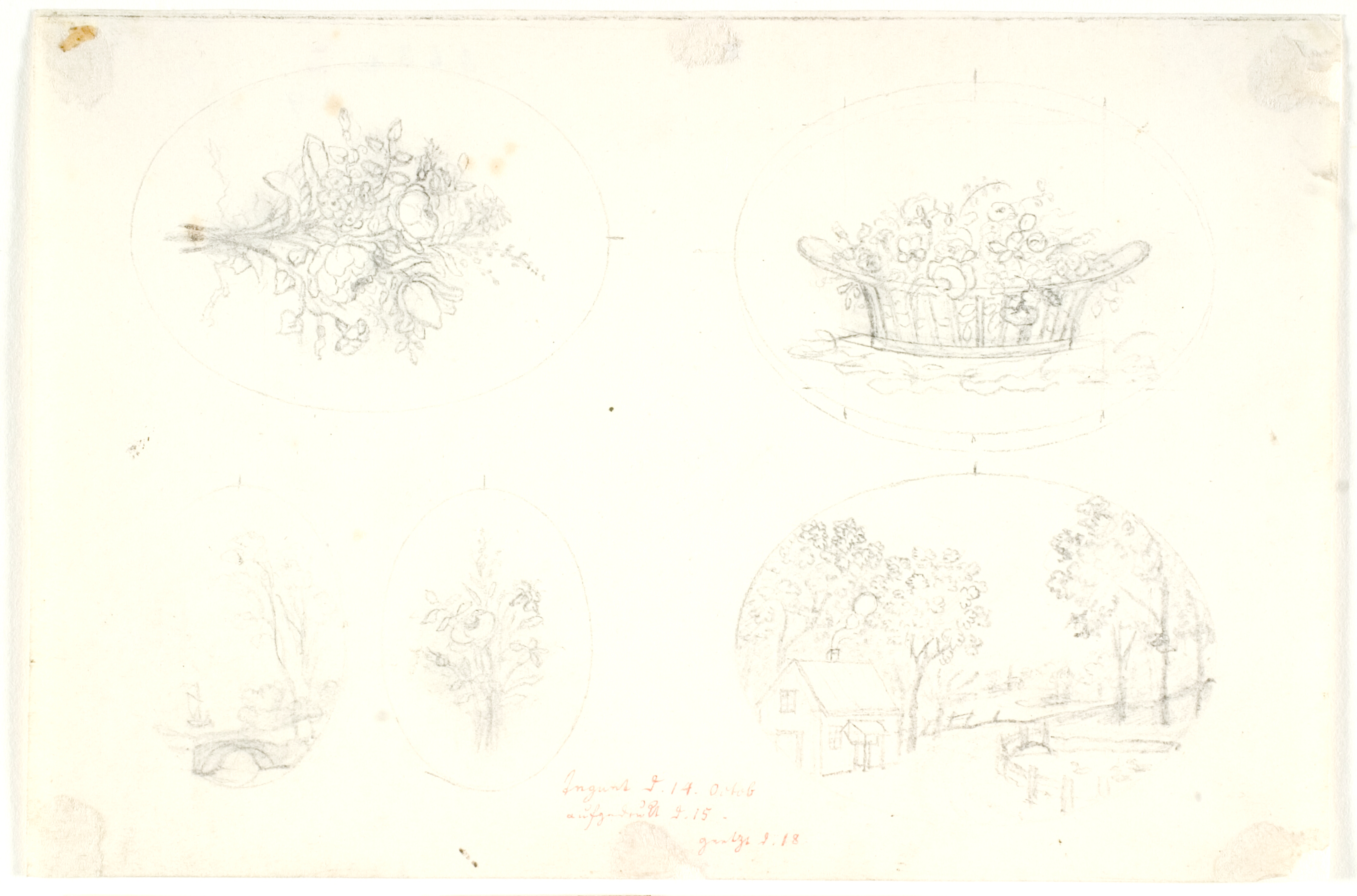 5 vignetter med blomster og landskaber