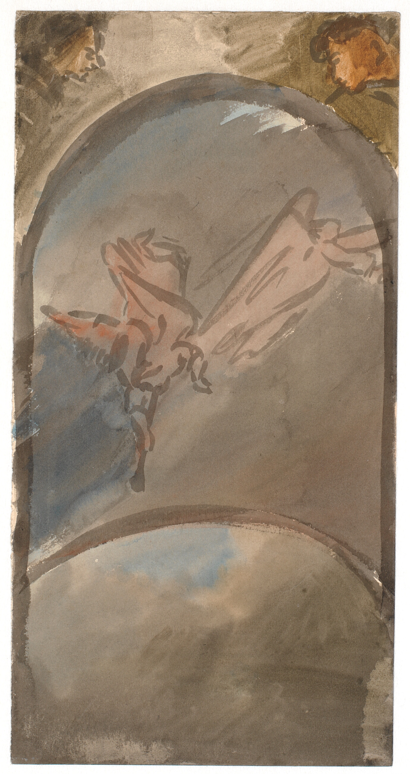 Komposition med to basunblæsende engle over jordkuglen