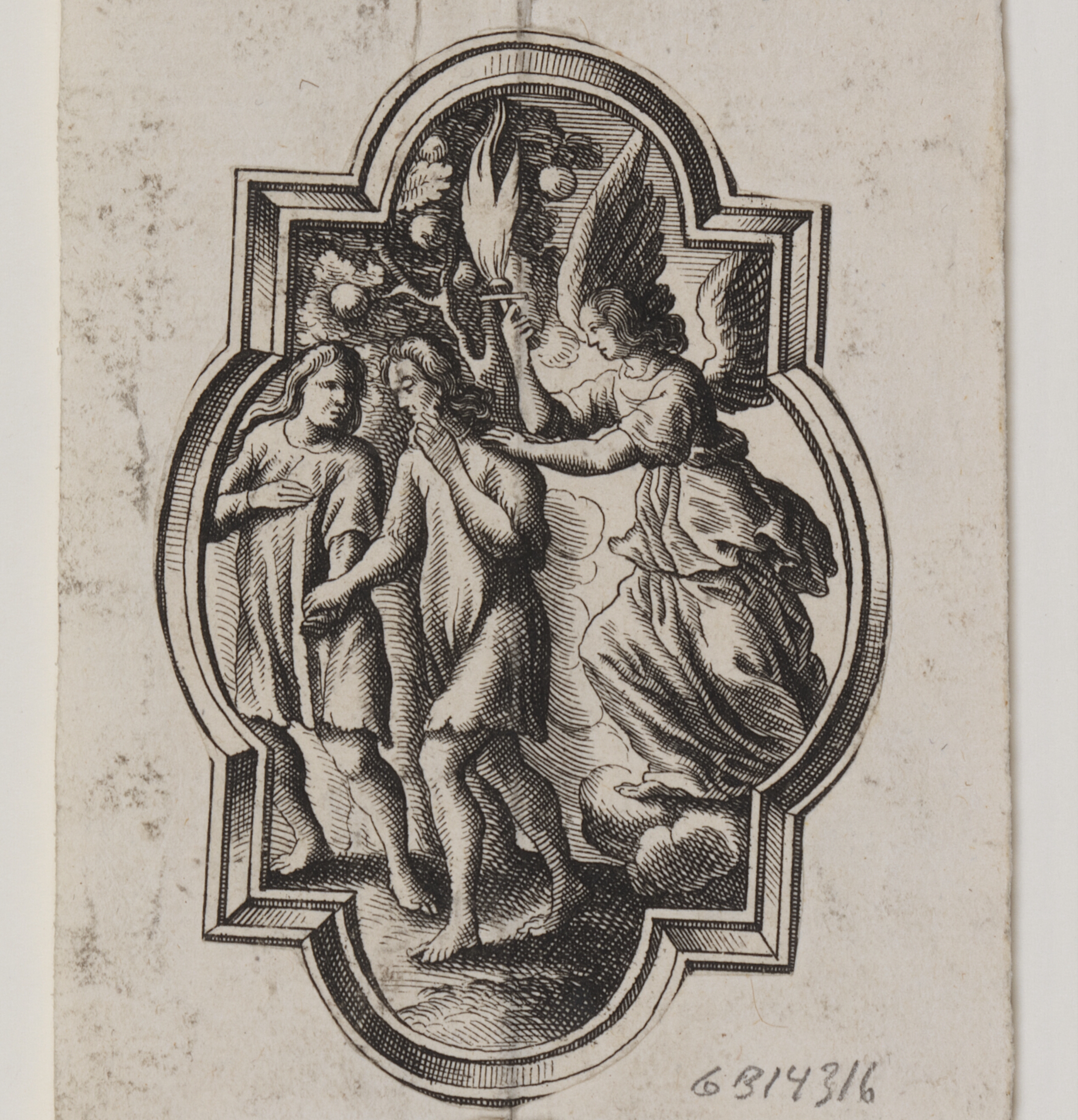 Emblem med Adam og Eva, der uddrives fra Paradis