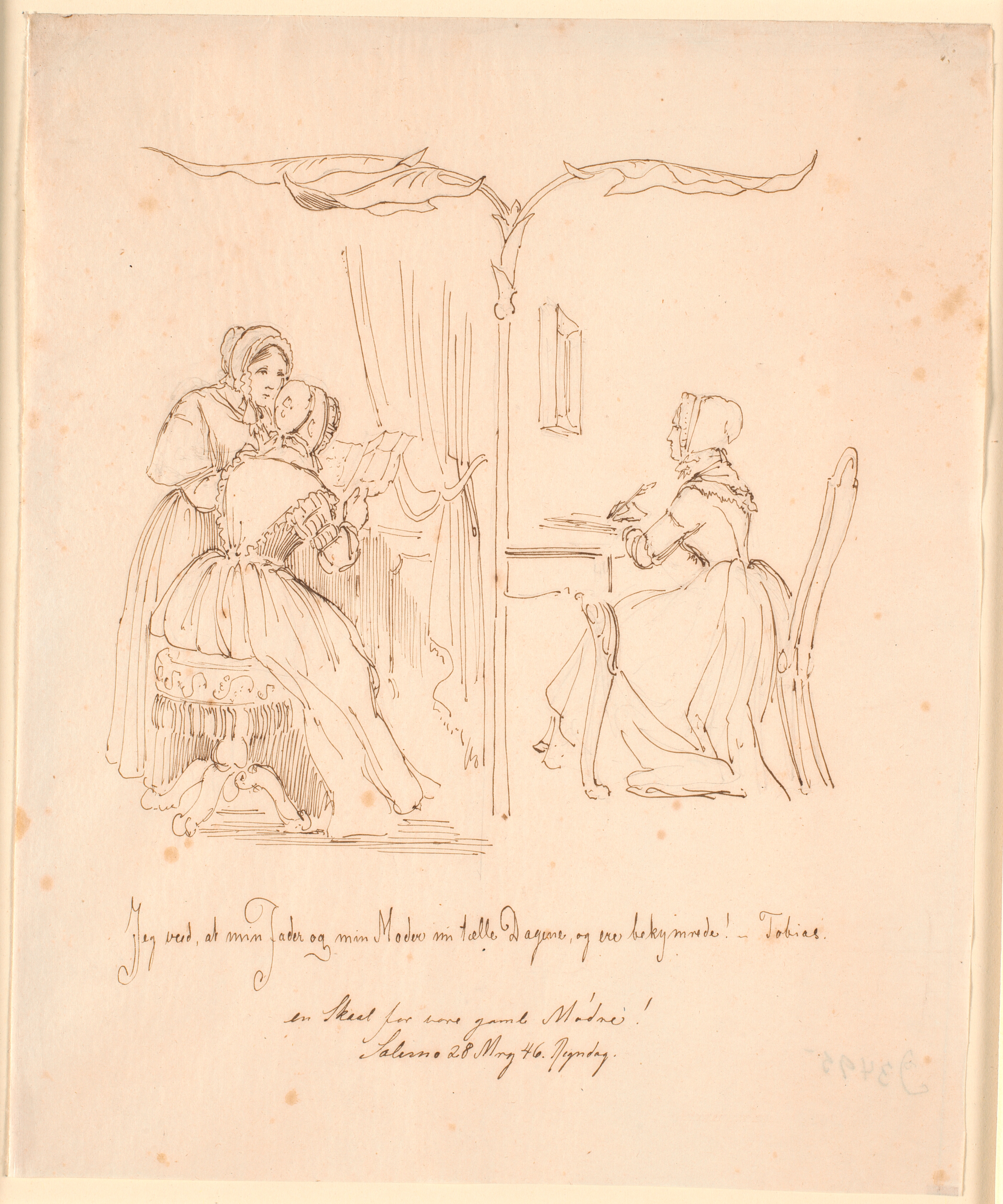 Tvedelt fremstilling med t.v. to brevlæsende damer, t.h. en brevskrivende dame