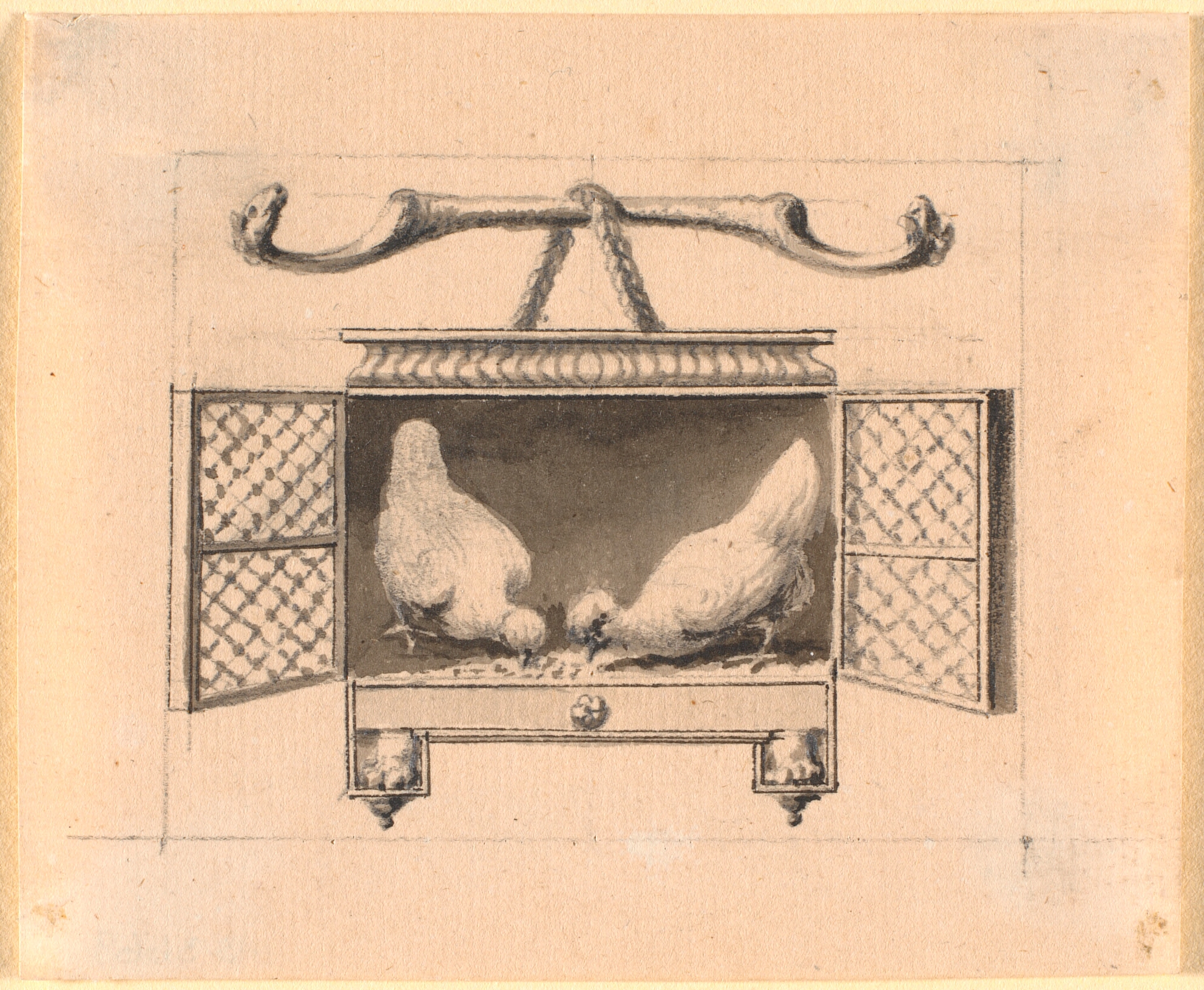 Et par høns i et bur pikker korn op