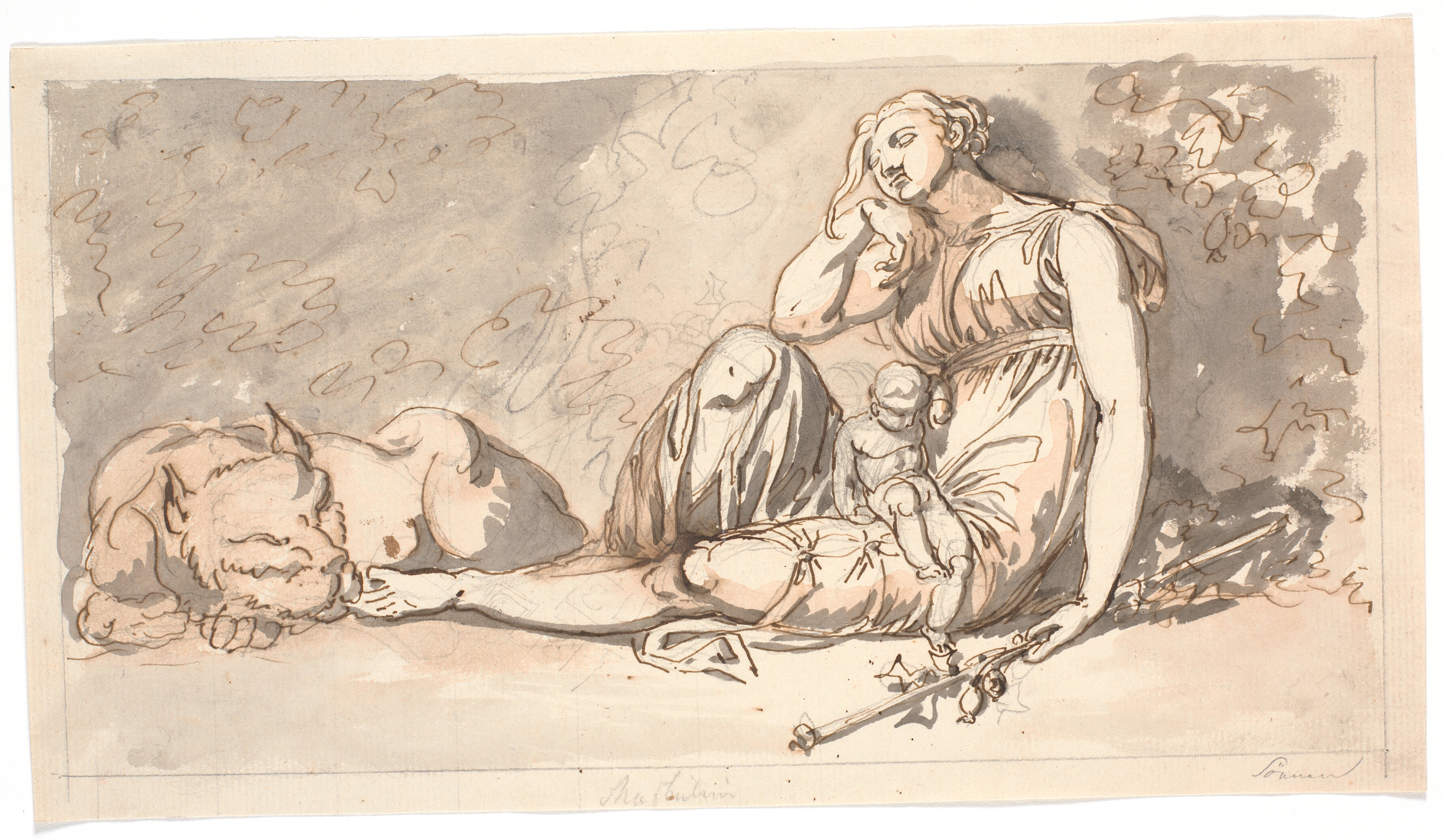 Udkast til dørstykke. Søvnen, en liggende kvindefigur med et lille barn og ved hendes højre side en løve