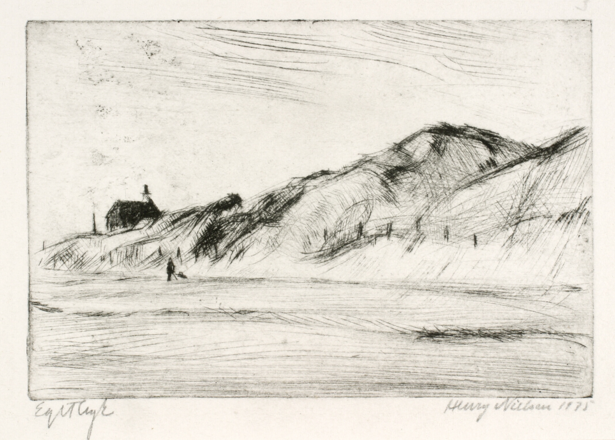 Klitlandskab med hus og person