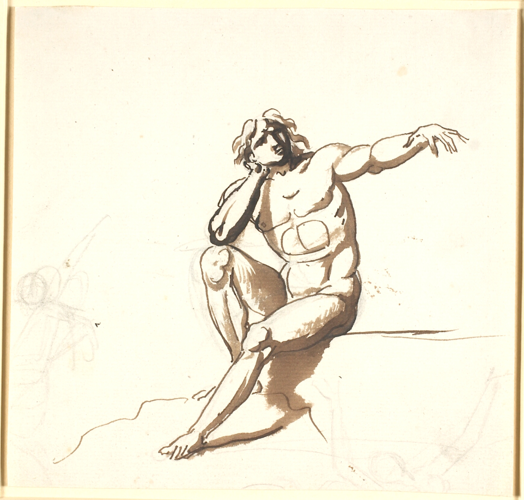 En siddende nøgen mand med venstre arm udstrakt