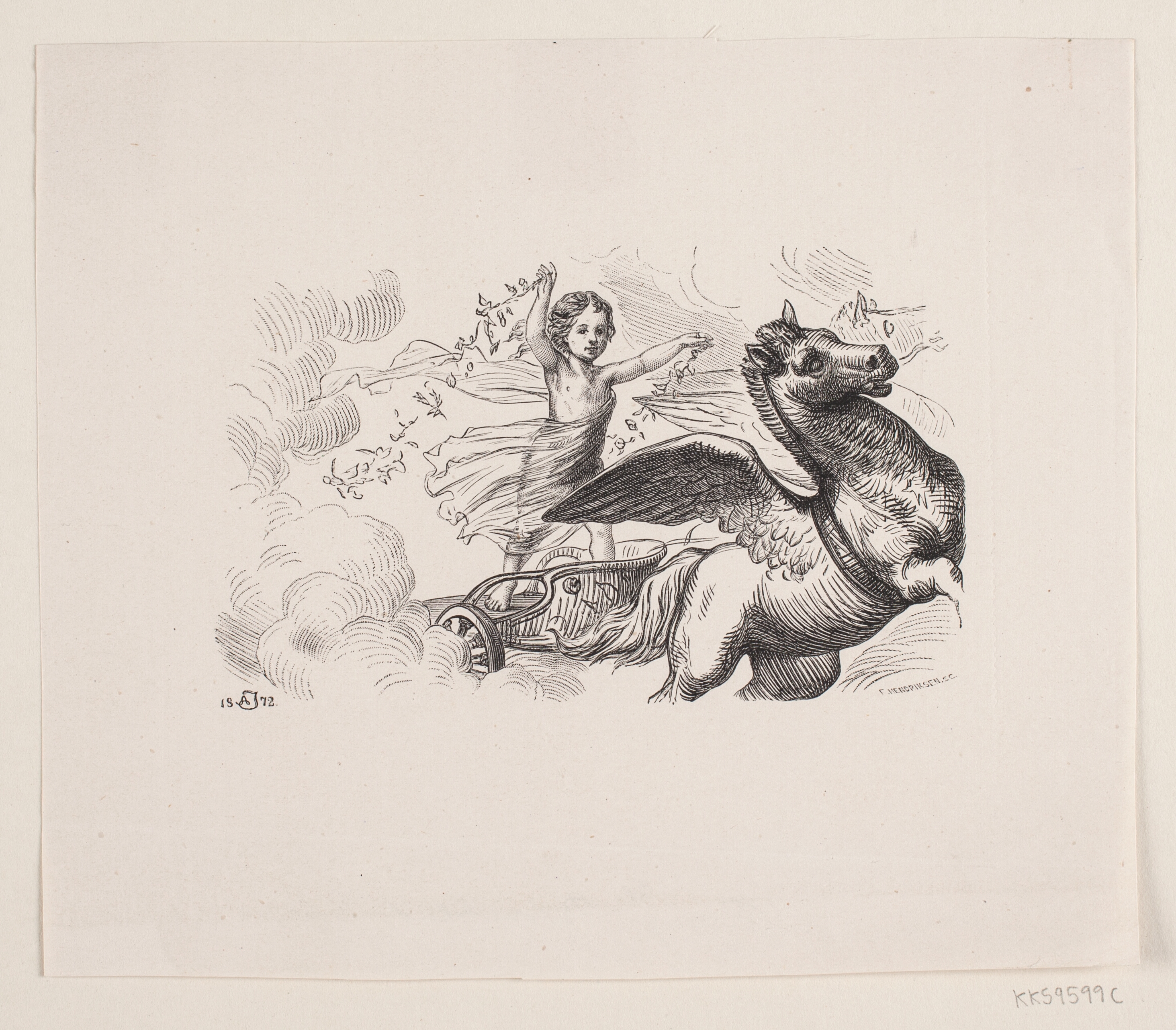 Vignet. Geni stående på en af Pegasus trukken Vogn