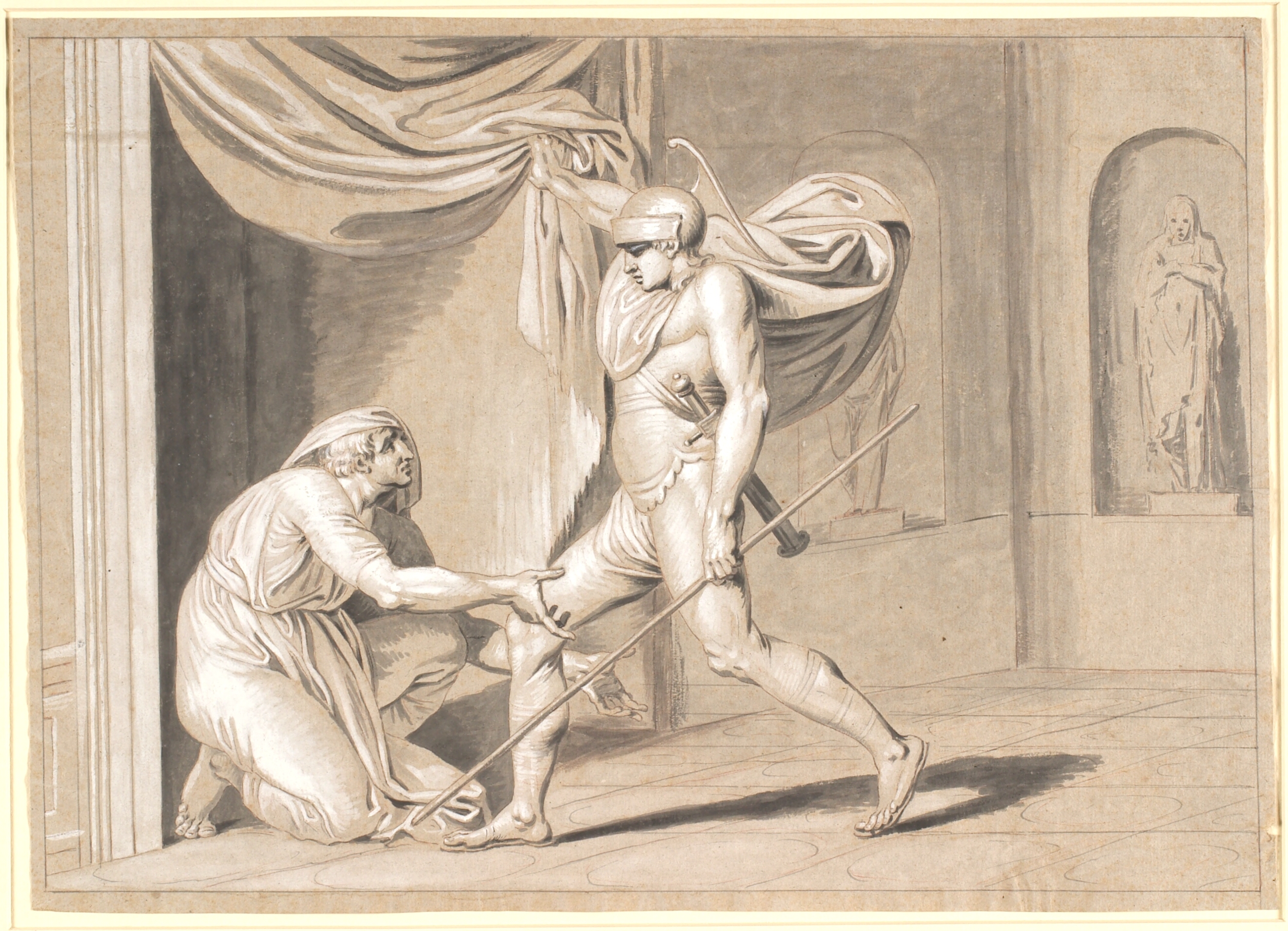 En soldat finder Claudius, der frygter for at blive Kejser, gemt bag et gardin