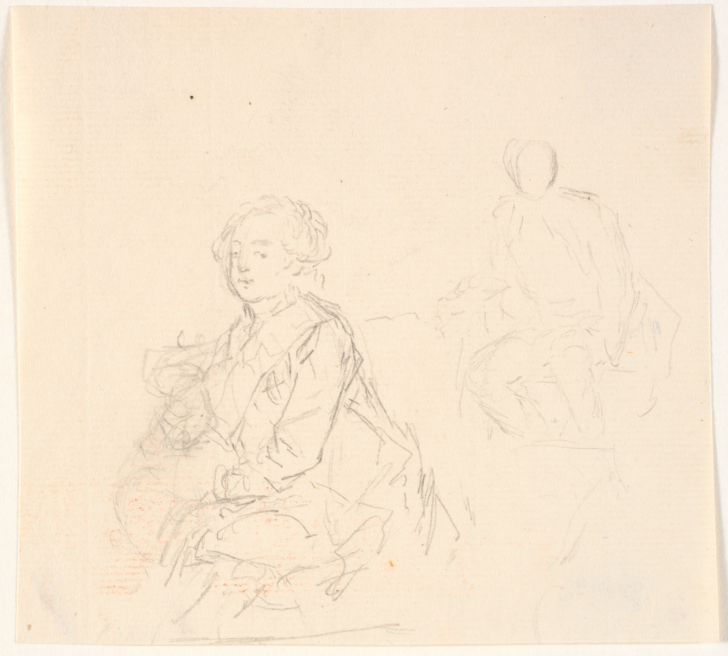 Portrætskitse af mand med ordensbånd. T.h. herfor løs skitse af samme mand i drejet position