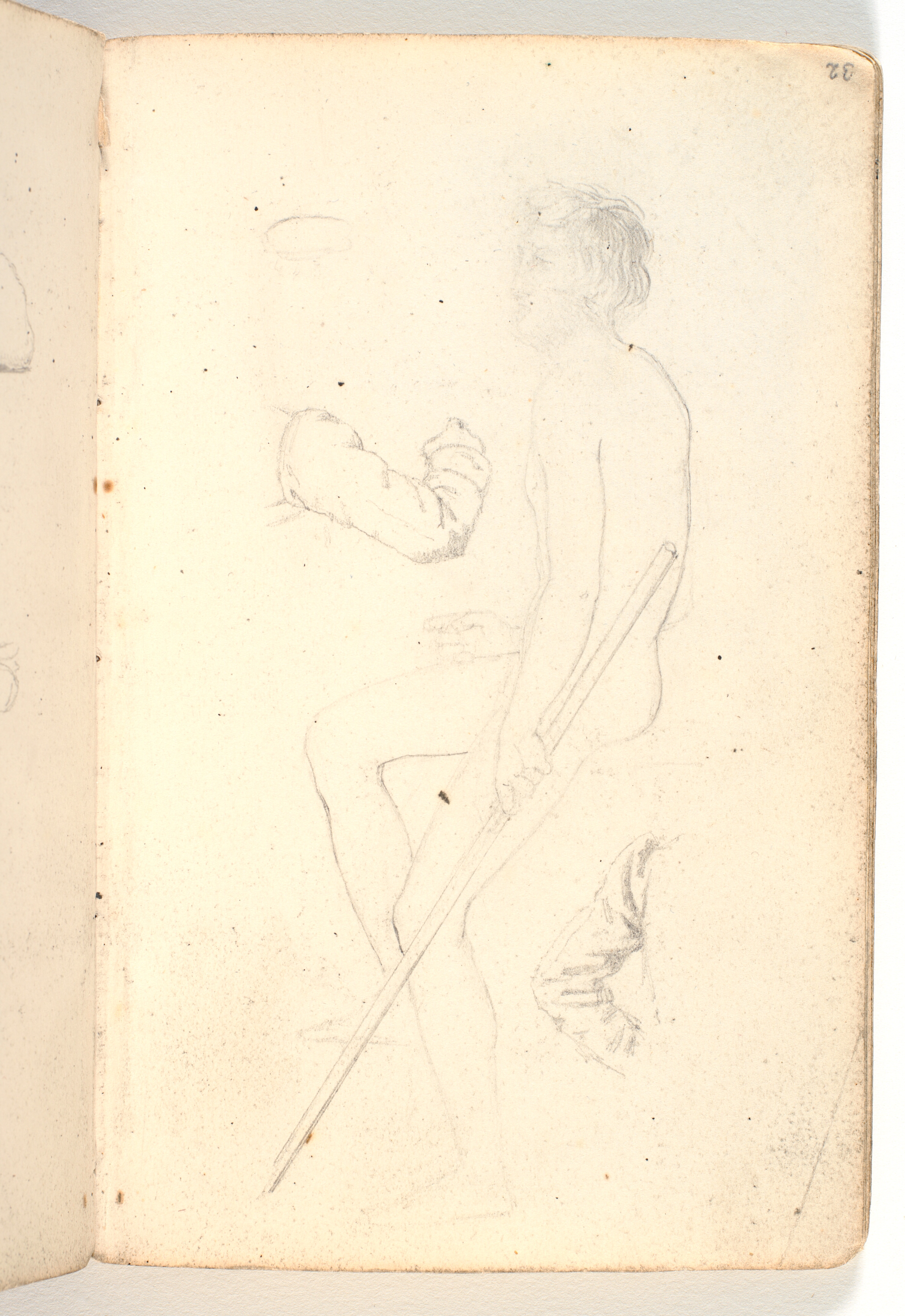 Nøgen mand med stav i hånden samt to ærmer