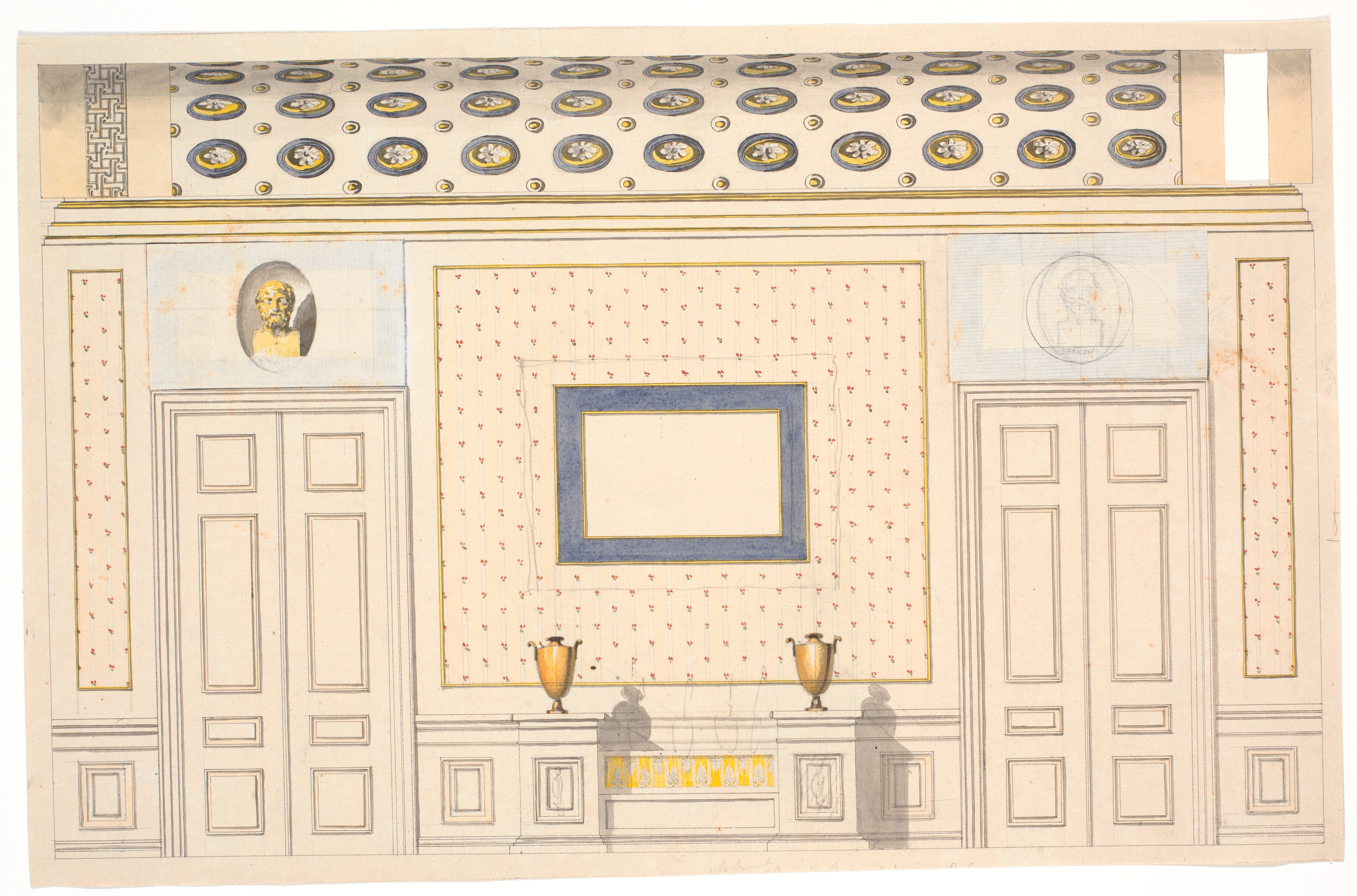 Langvæg med to døre. Dekoration af et værelse med tøndehvælving