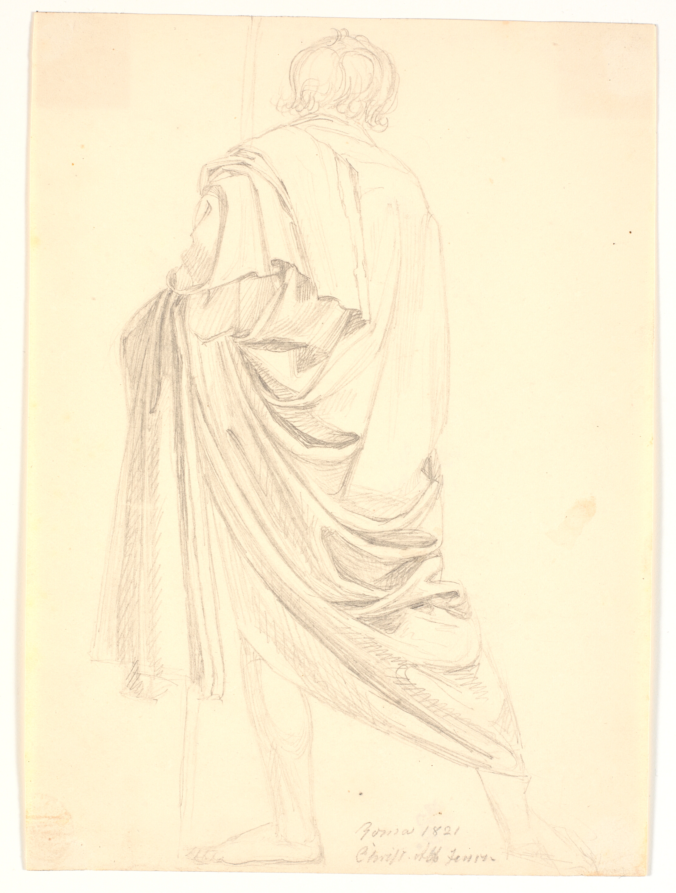 Draperistudie. Stående mand set skråt fra ryggen