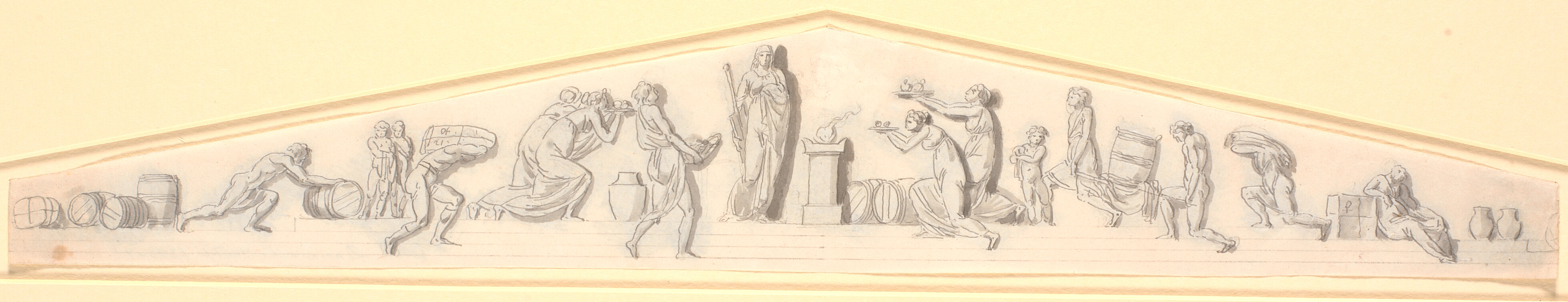 Frontongruppe med talrige figurer, der bringer frugter og varer hen mod et alter, ved hvis side der står en kvinde, symboliserende skibsfarten