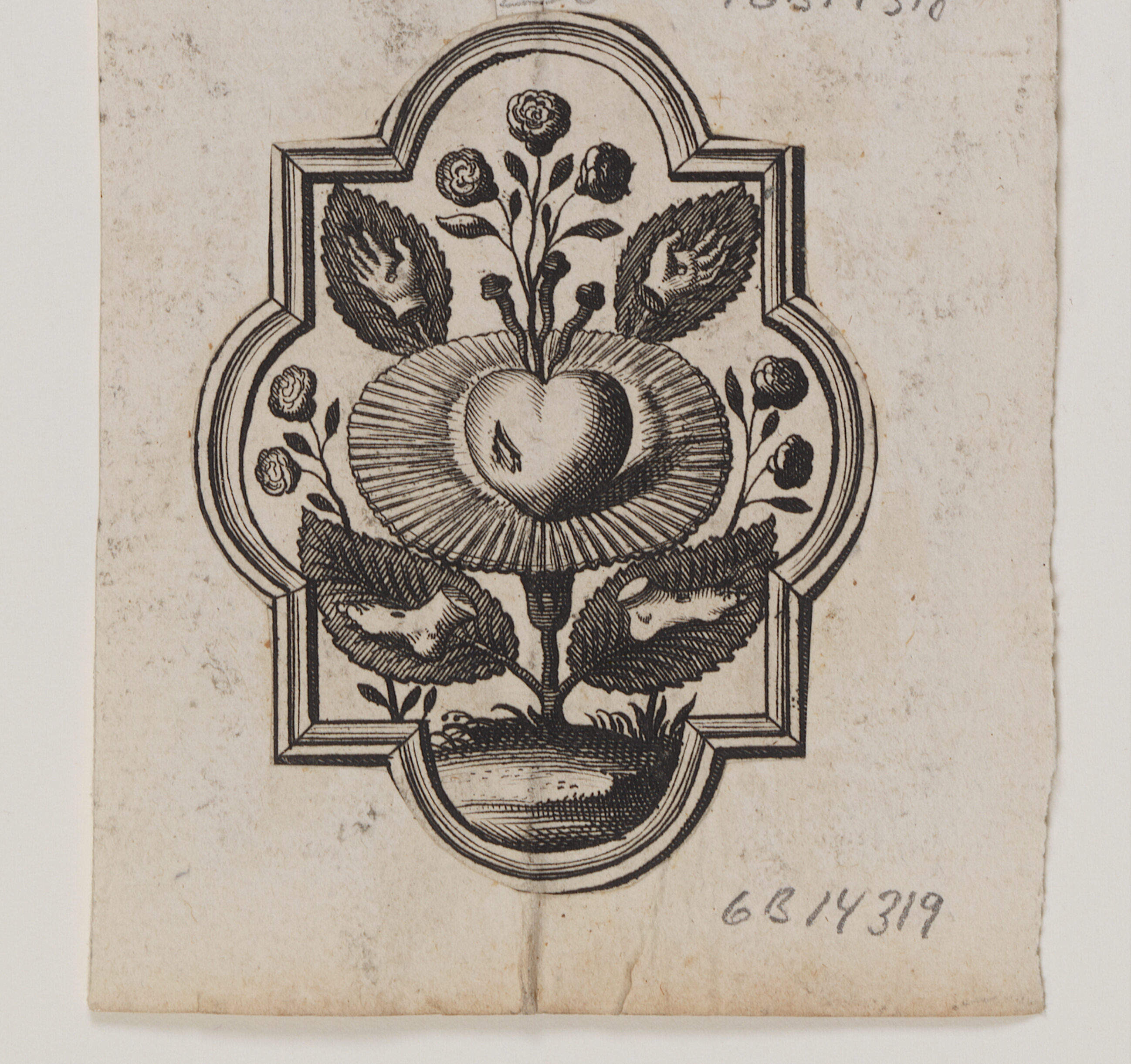 Emblem med et hjerte gennemboret af en rose