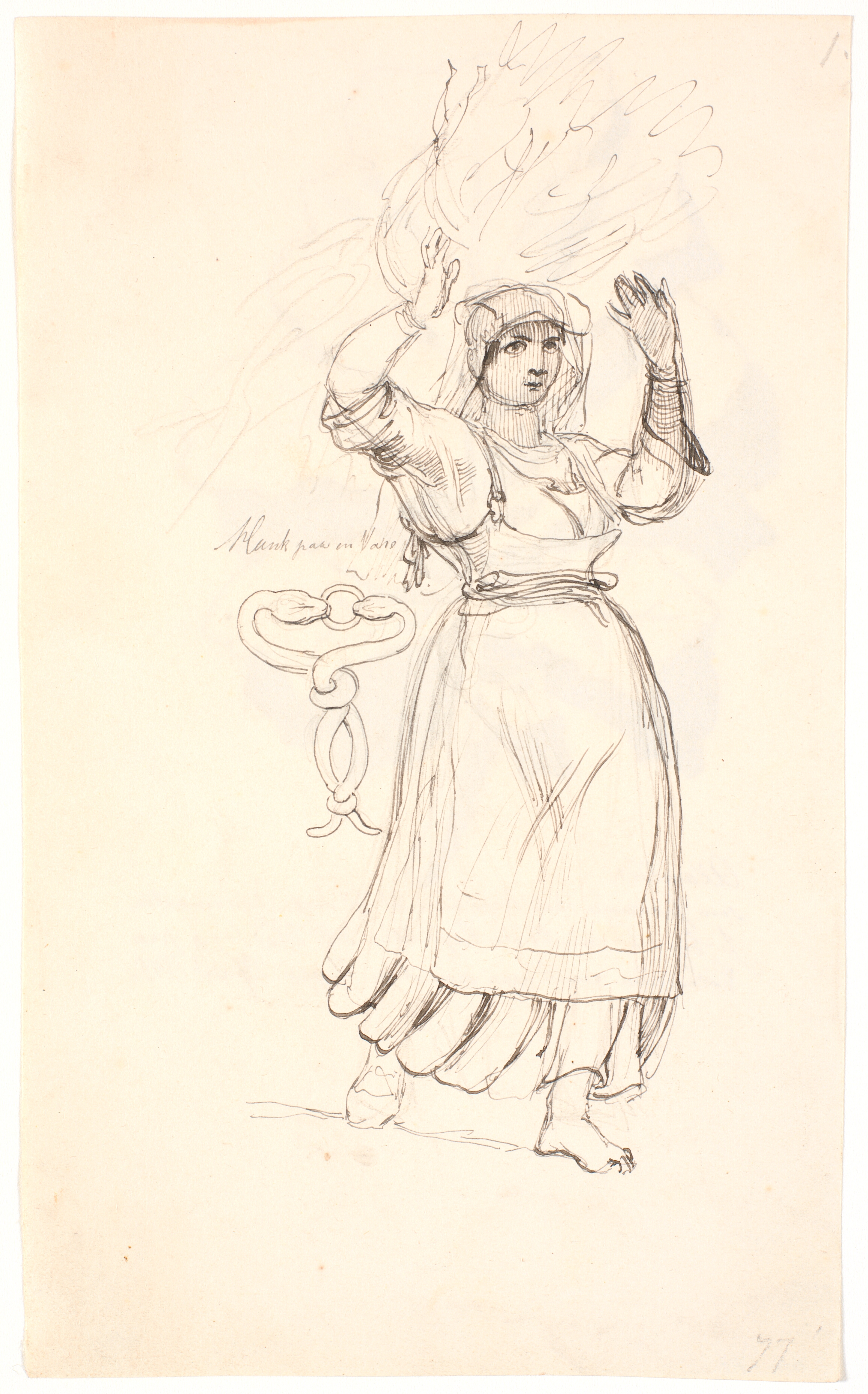 Italiensk bondekone med et knippe kvas på hovedet. Studie af en hank forestillende to slanger som bider hinanden i hovedet