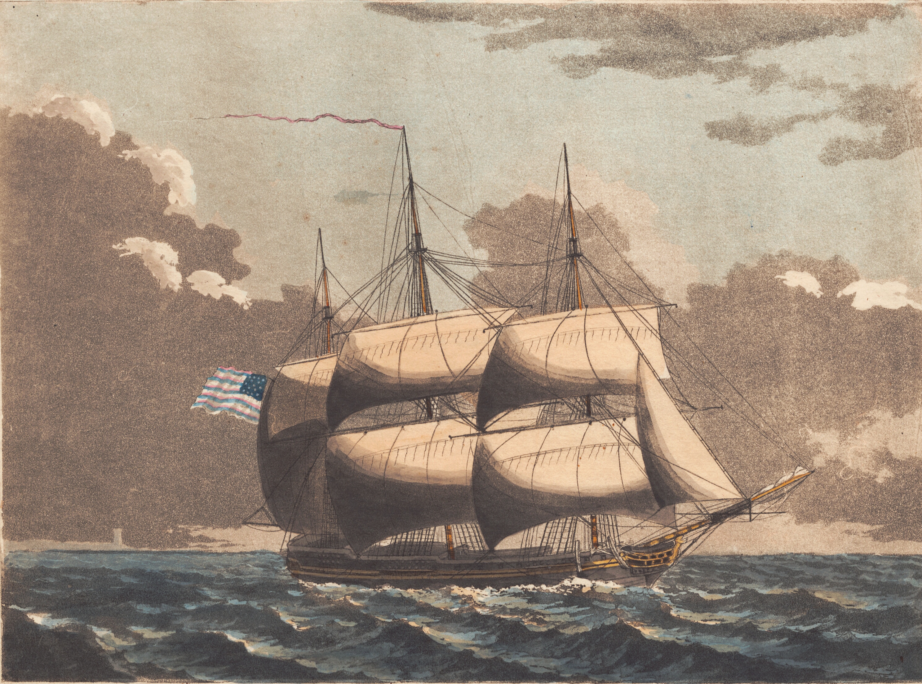 En amerikansk fregat med rebede merseil, at see i læe