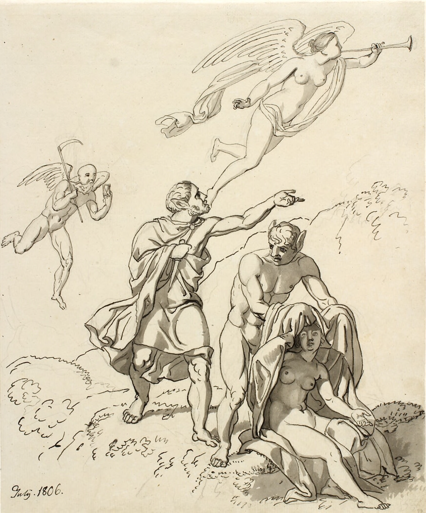 Allegorisk komposition; et par unge mænd med æselører og en siddende nøgen kvinde, i baggrunden Tiden og Fauna svævende