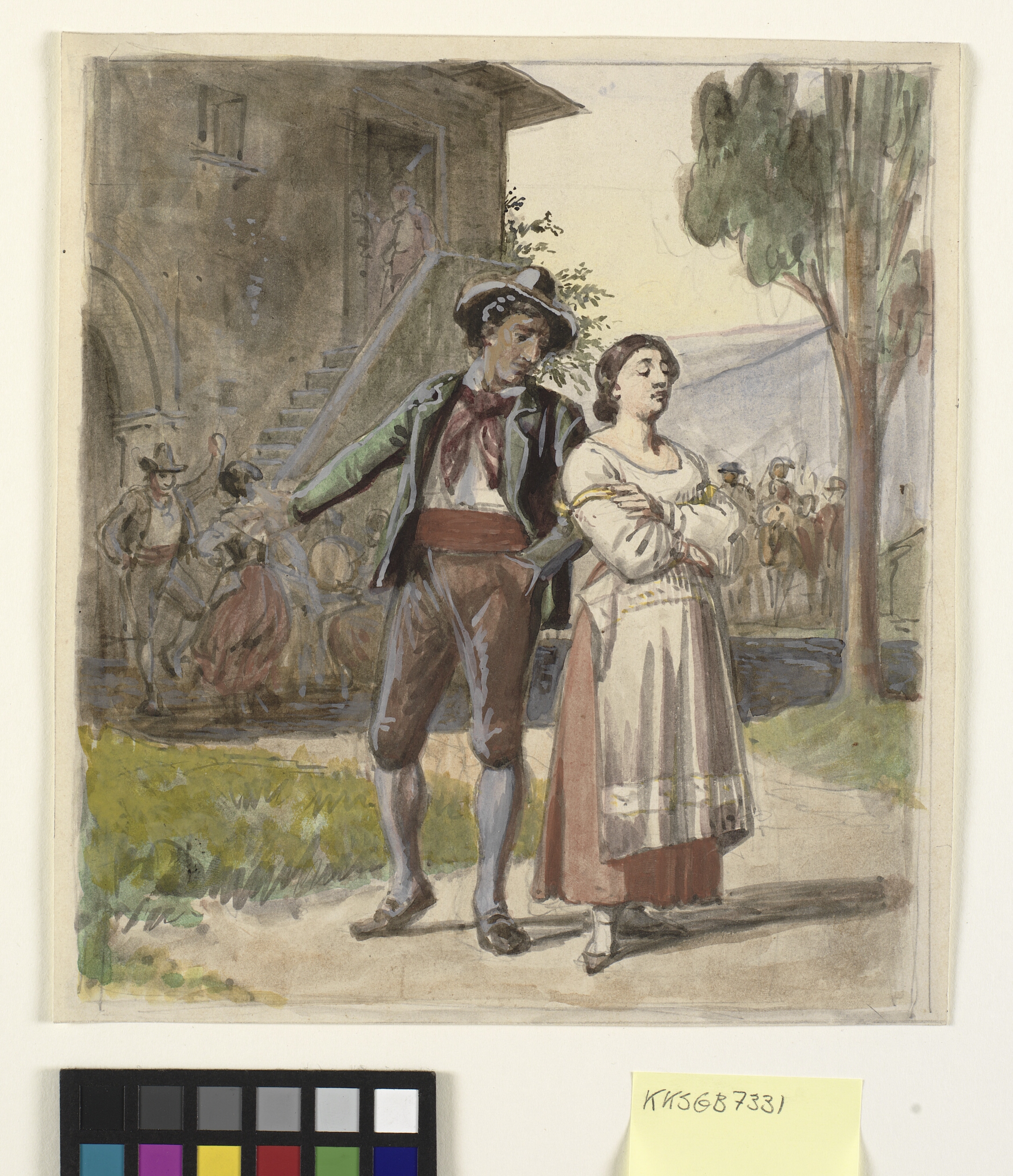 Ungt par, der er uenige, i baggrunden dansende foran et hus