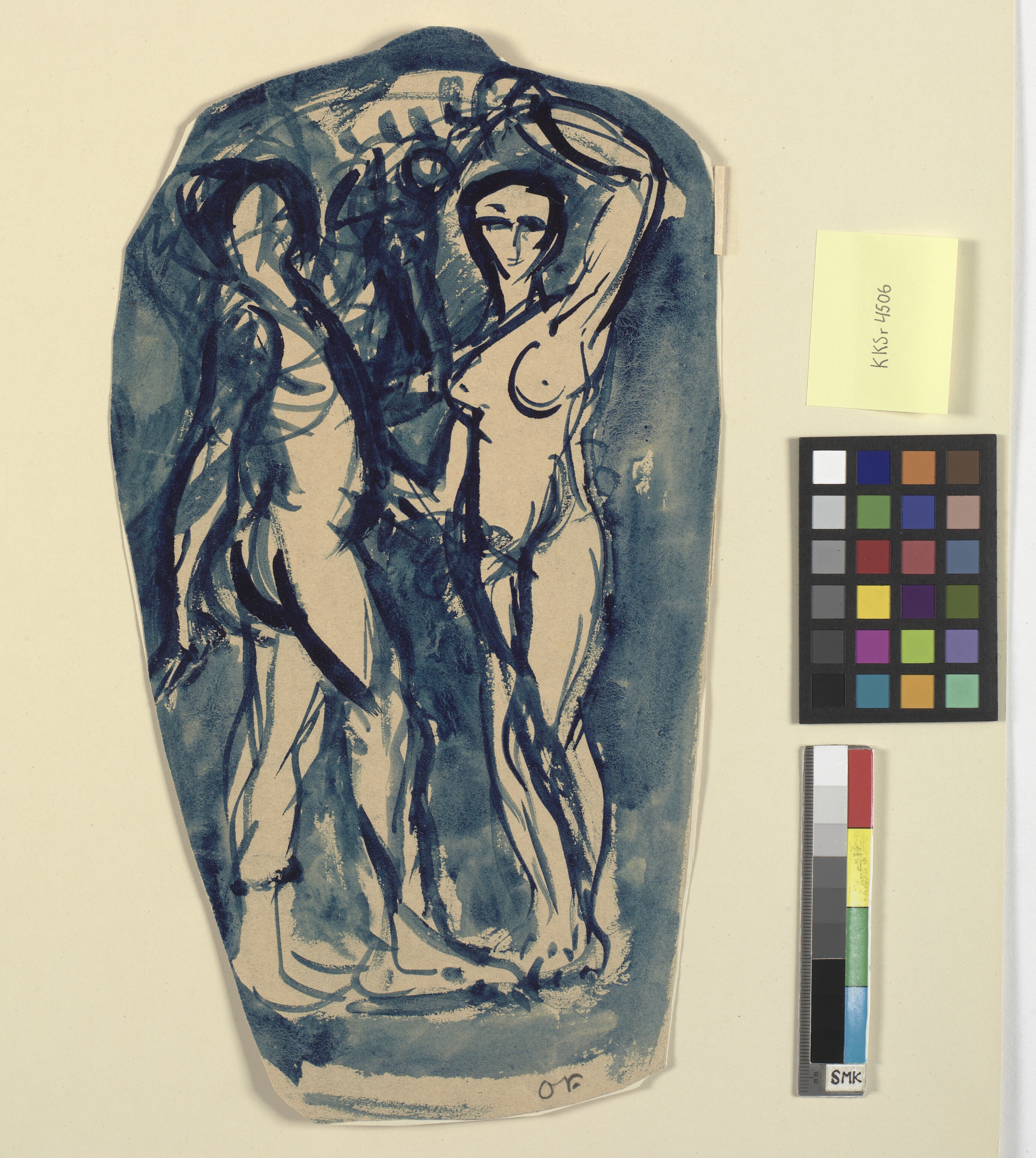 To stående, nøgne figurer (Adam og Eva?).