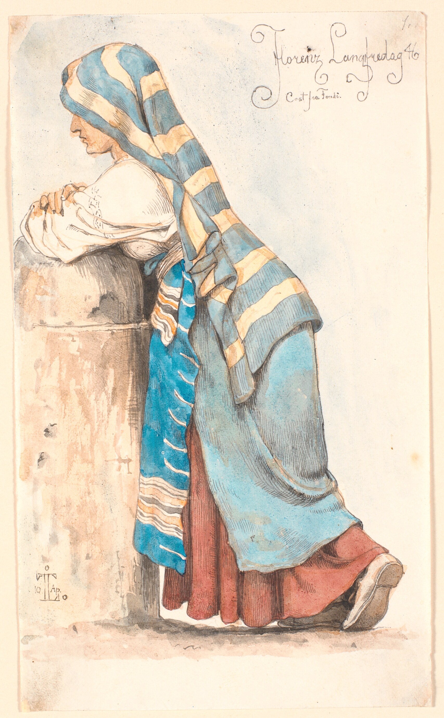 Italienerinde, der læner sig til en lav stenpille