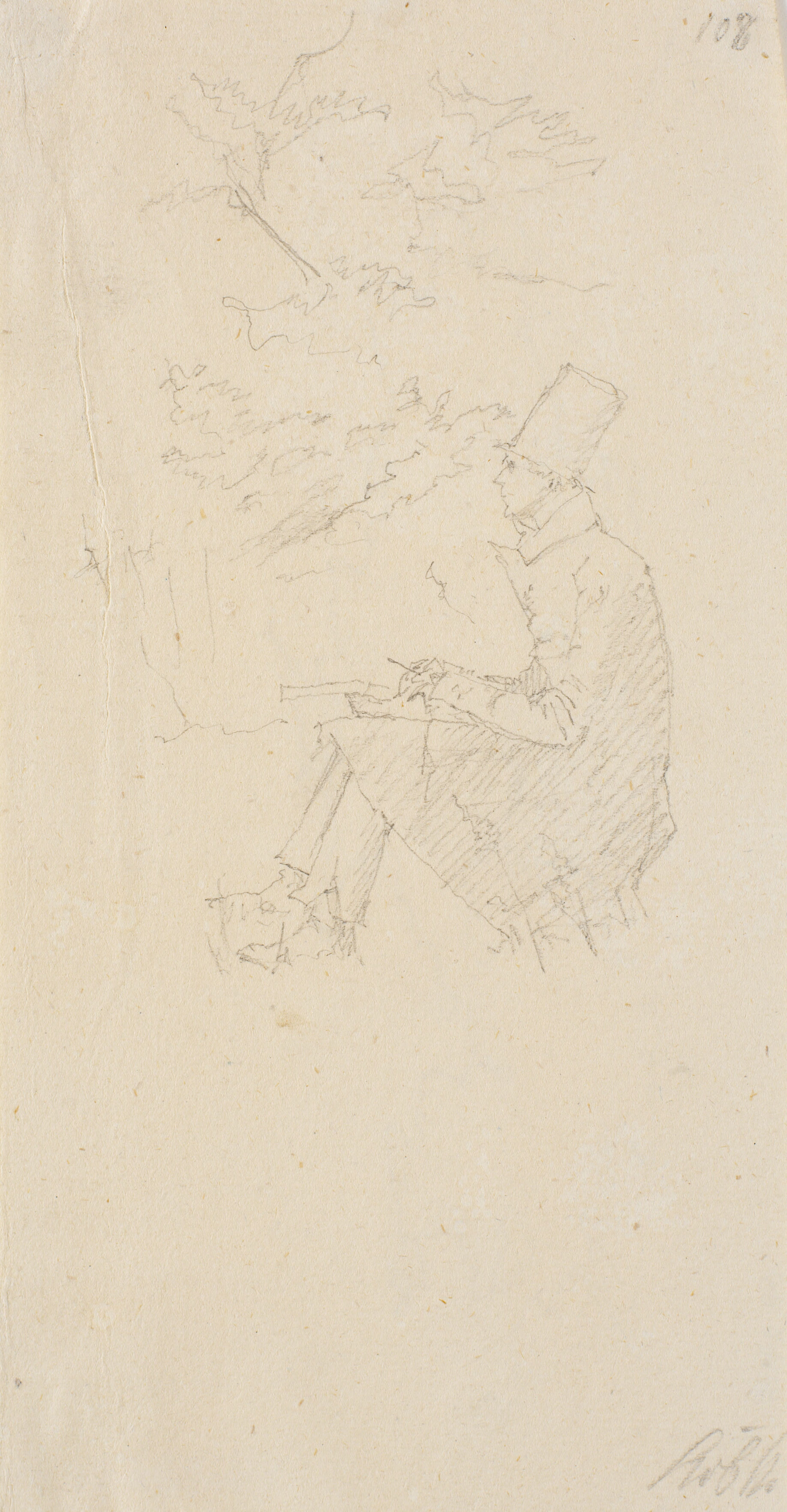 Siddende, tegnende eller skrivende mand ved et træ