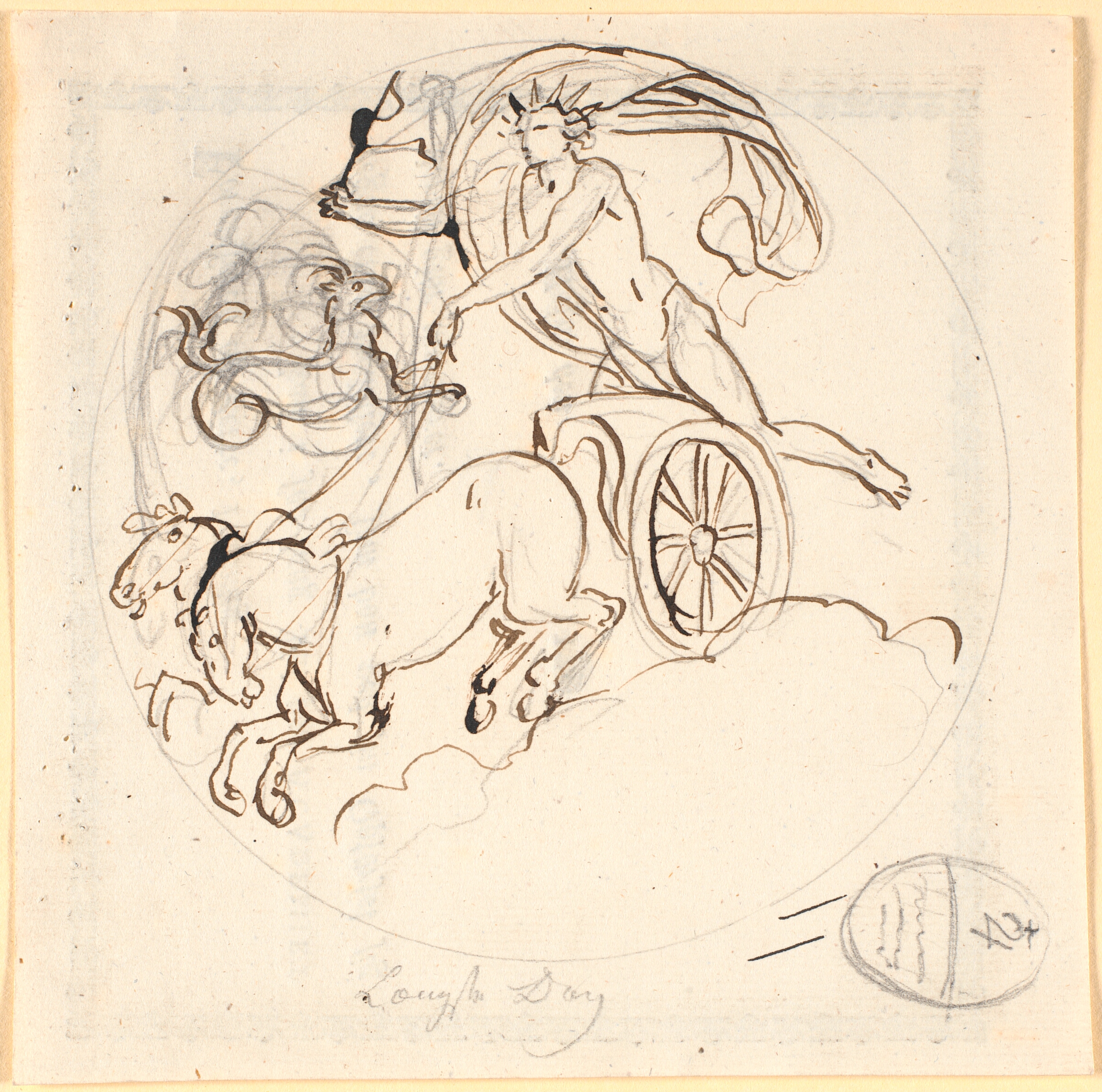 Apollo styrende sin solvogn nedad; foroven Stenbukkens himmeltegn indrammet af en cirkel. Motivet fremstiller den længste dag