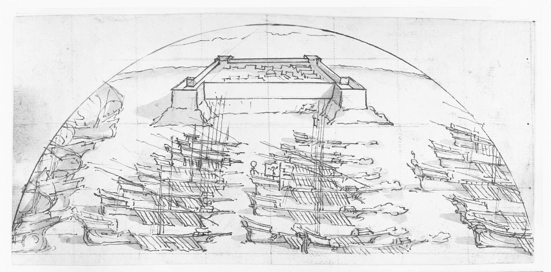 Galejer sejler forbi et fort