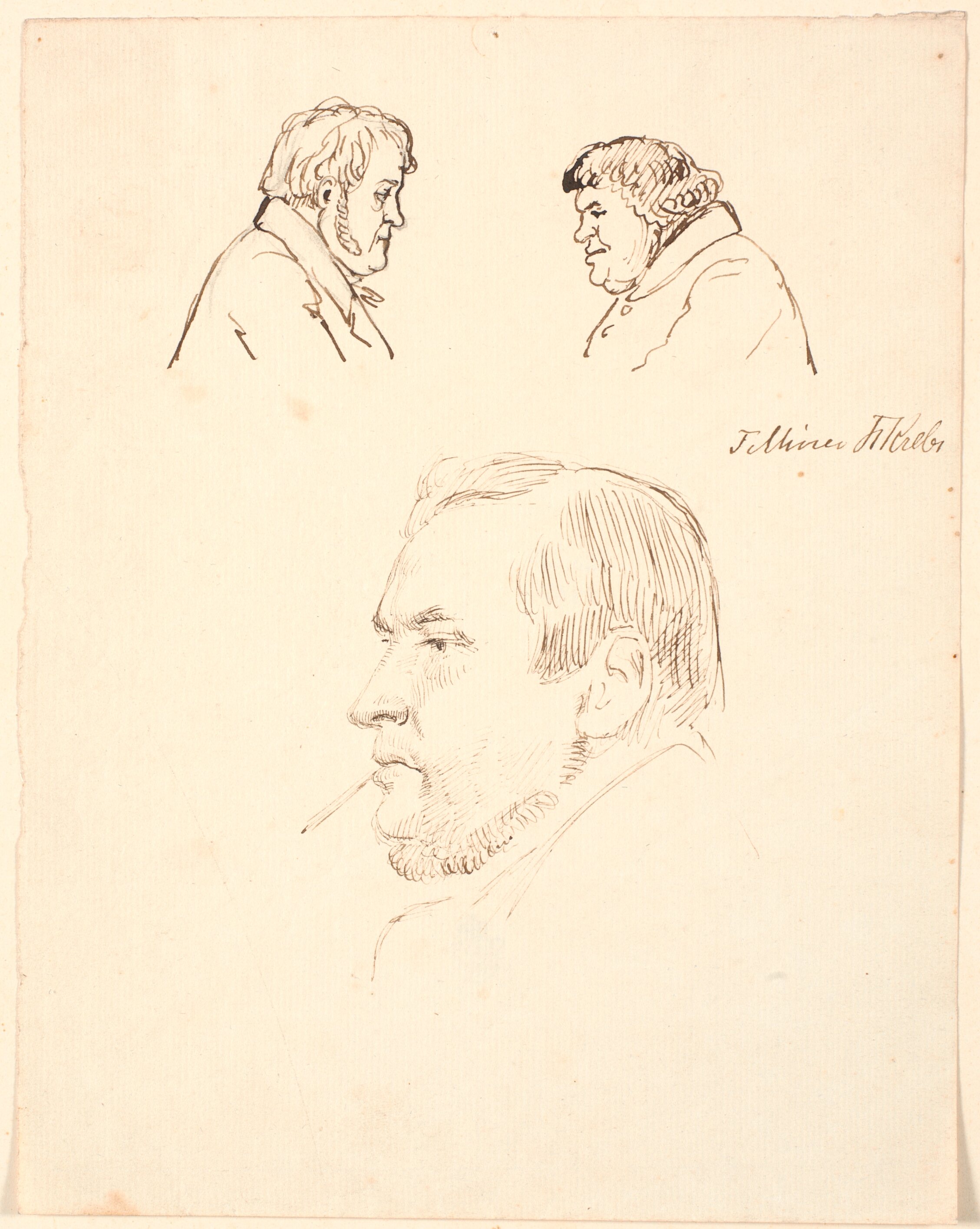 To let karikerede mandshoveder i profil samt forneden et mandsportræt i profil mod venstre.