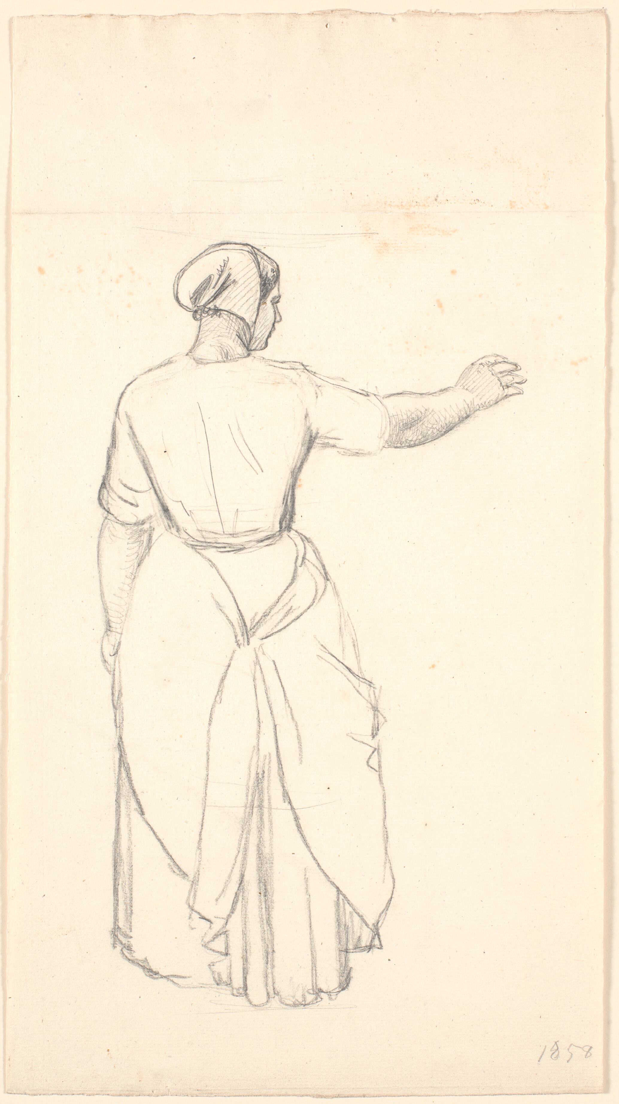 Stående bondepige set bagfra.