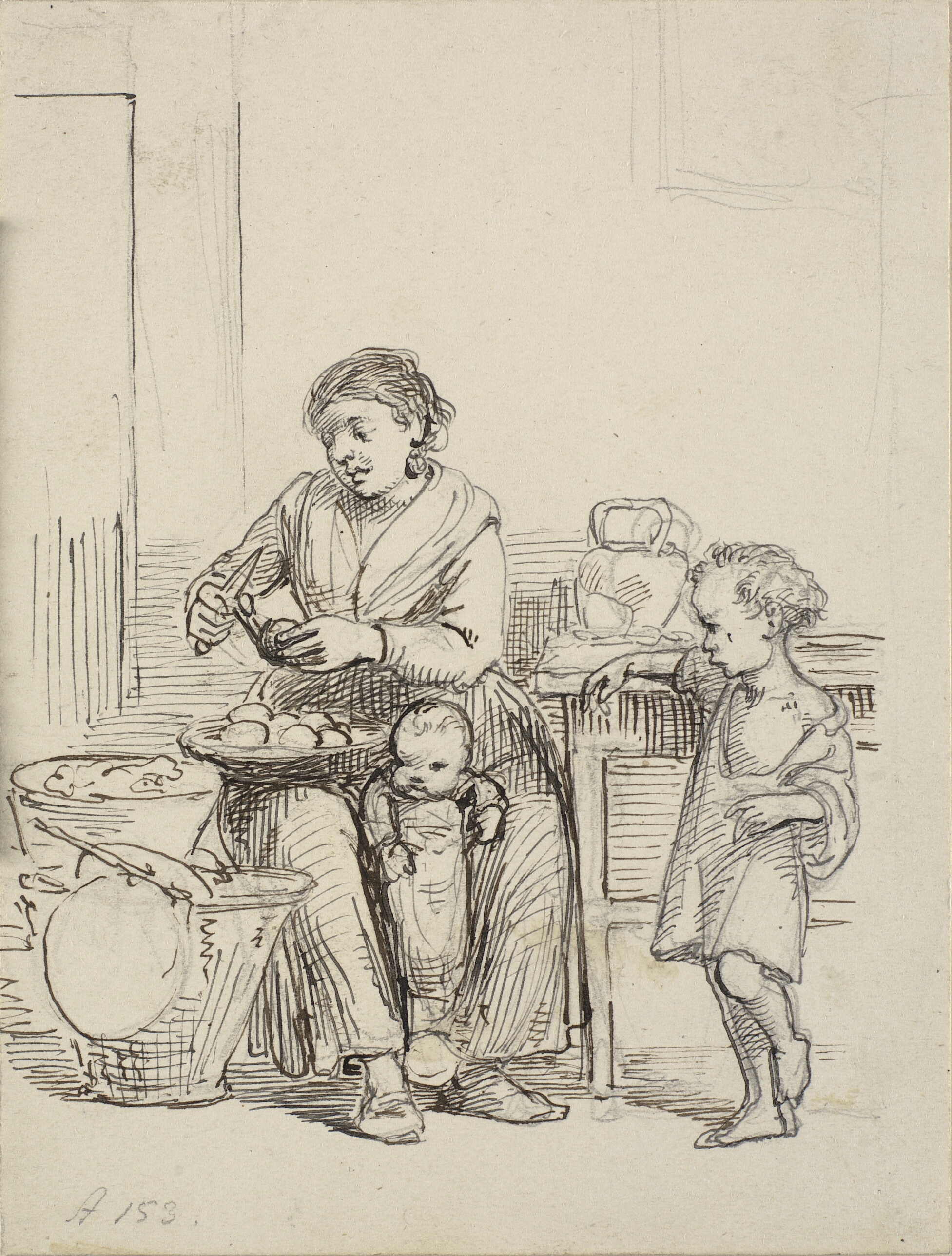 To børn og en kone skræller kartofler