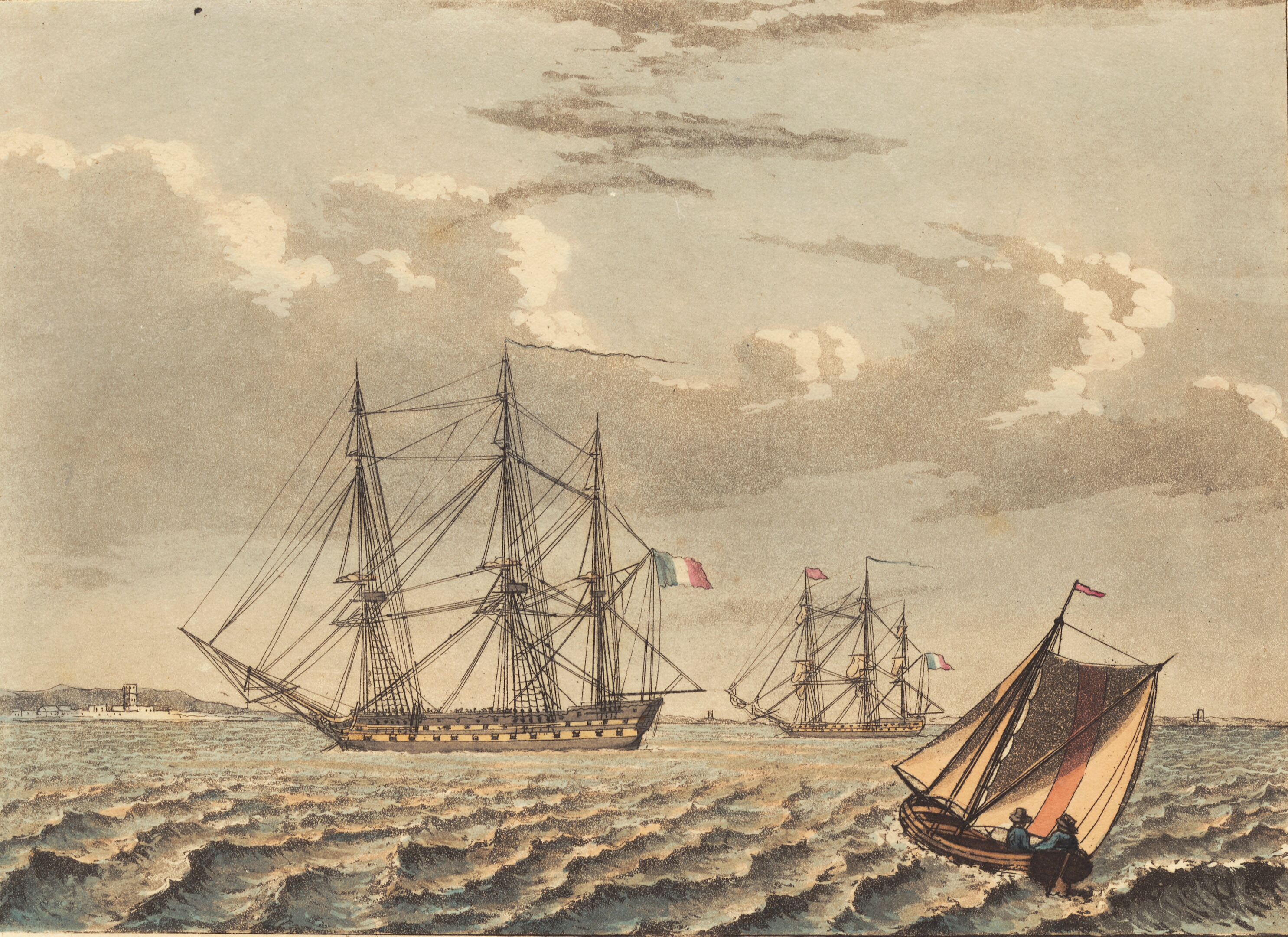 Franske orlog skibe til ankers, og en båd, som krydser