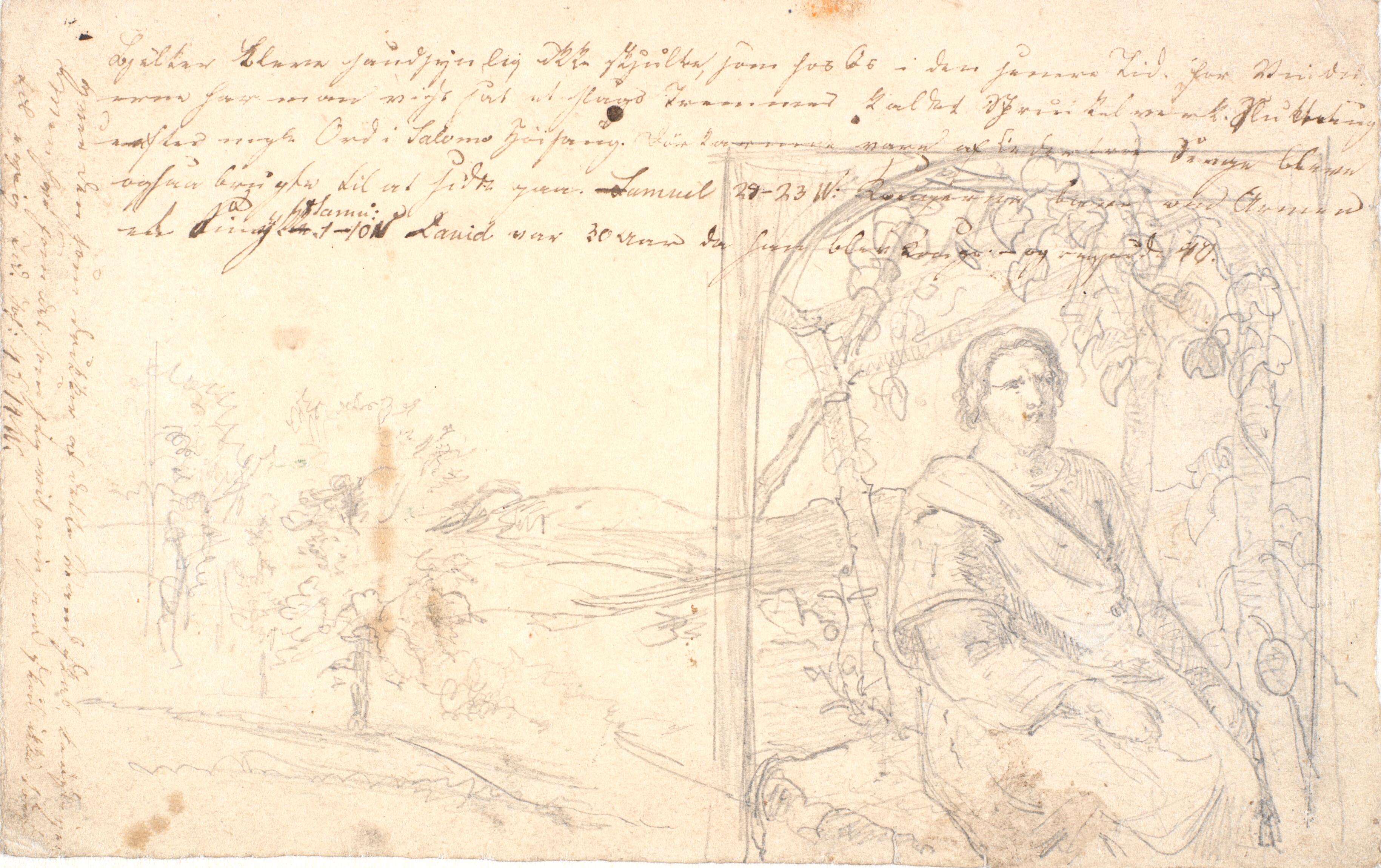 Landskabsstudie samt et billedudkast med en gammel mand, der sidder under en slags løvhytte