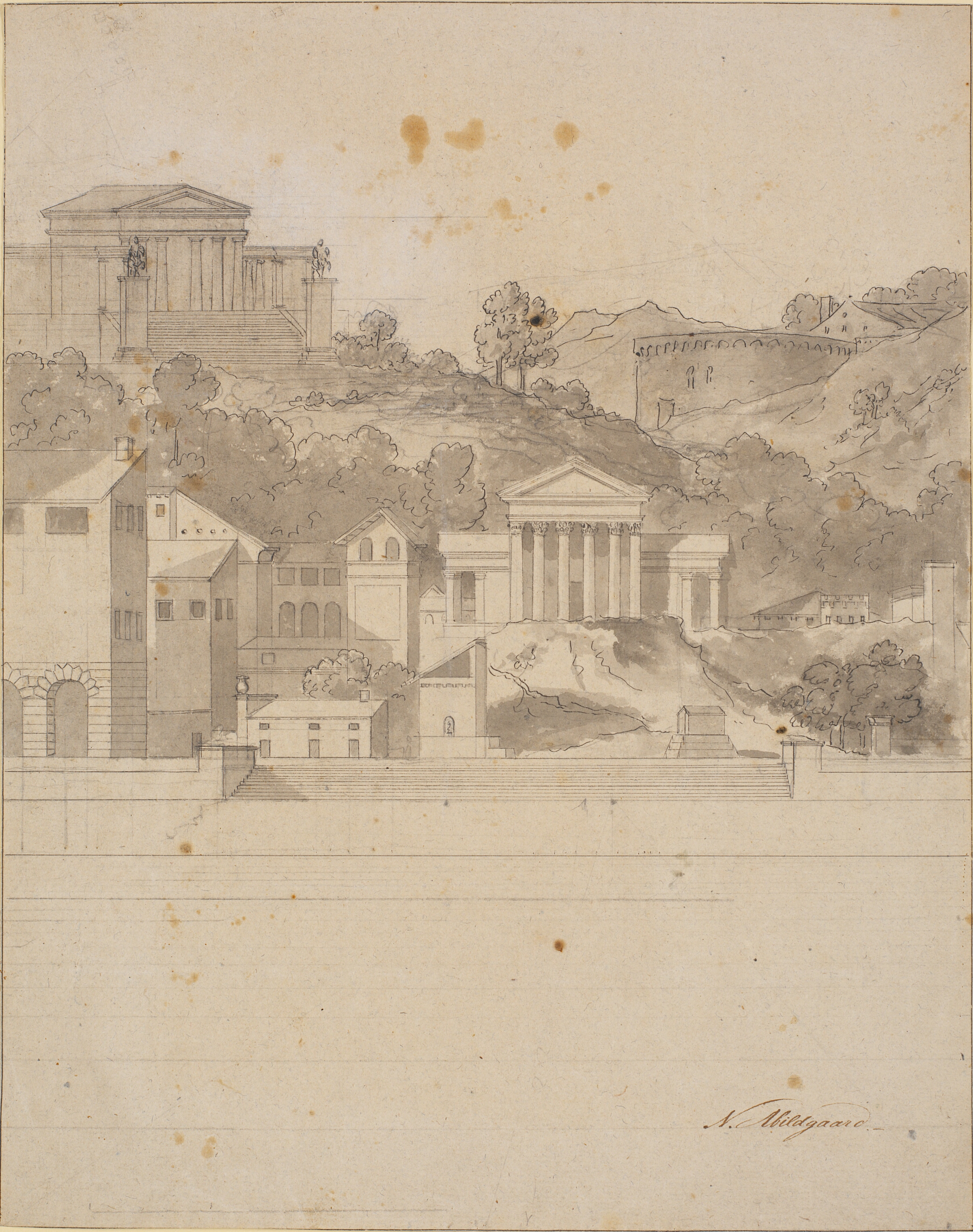 Landskab med antikke bygninger. Dekorationsudkast